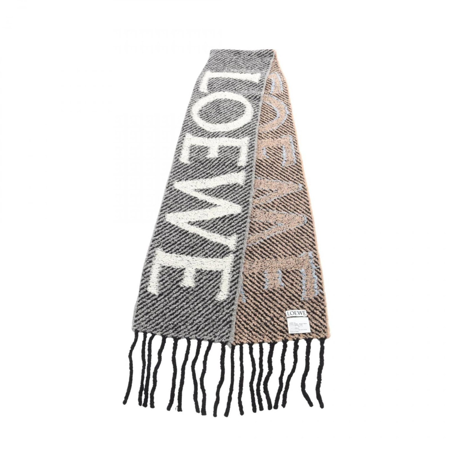 Stole By Loewe: Stole By Loewe Stole by Loewe measures 2.44m x 23cm, featuring a brown and gray color scheme with multi-color accents. This stole boasts a striking size, making it an eye-catching addition to any ward