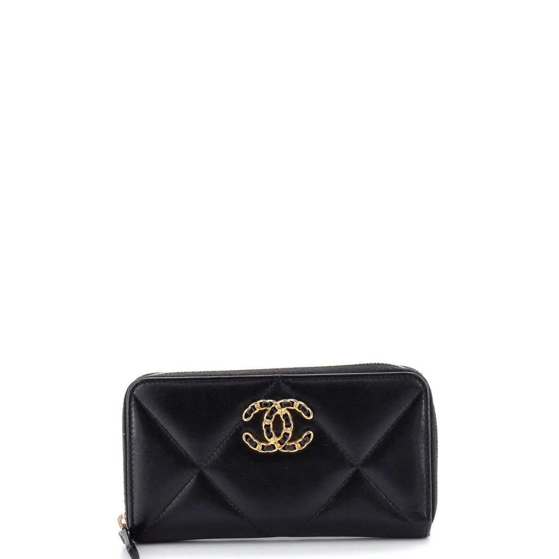 Chanel Zip Wallet Goatskin Quilted Medium 19: Chanel Zip Wallet Goatskin Quilted Medium 19 Black quilted goatskin medium wallet with gold hardware, featuring a zip around closure. The exterior shows minor signs of wear and scuffs, while the