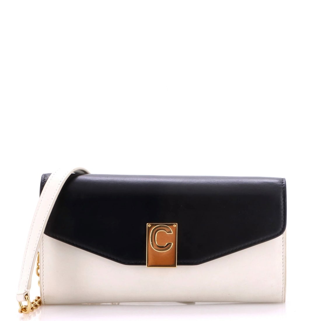 Chain Leather Wallet Celine: Chain Leather Wallet Celine This Celine Chain Leather Wallet boasts a sleek, all-black design with gold hardware. Measuring 7" drop and 8" width, the chain strap provides a versatile length option.