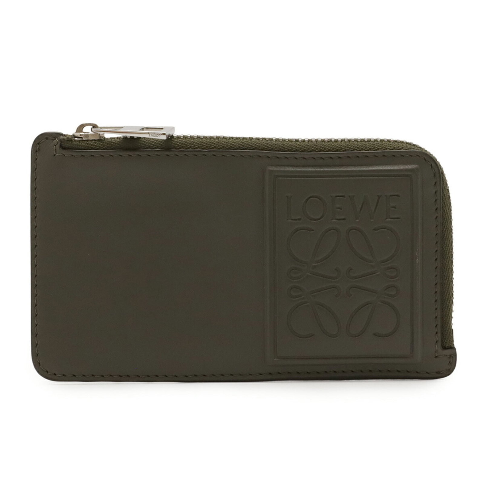 Coin Case Leather Purse Loewe: Coin Case Leather Purse Loewe The Loewe Coin Case Leather Purse boasts sleek, gray leather dimensions of 7cm x 13cm. This compact coin case features the iconic Loewe brand and is crafted from