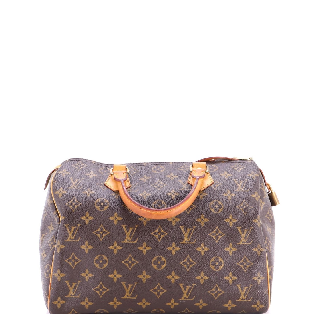 Louis Vuitton Speedy Handbag Monogram Canvas 30: Louis Vuitton Speedy Handbag Monogram Canvas 30 Brown Louis Vuitton Speedy Handbag Monogram Canvas 30 with scuffs, edge wear, and minor creases. The item features a water-stained exterior, heavy corne