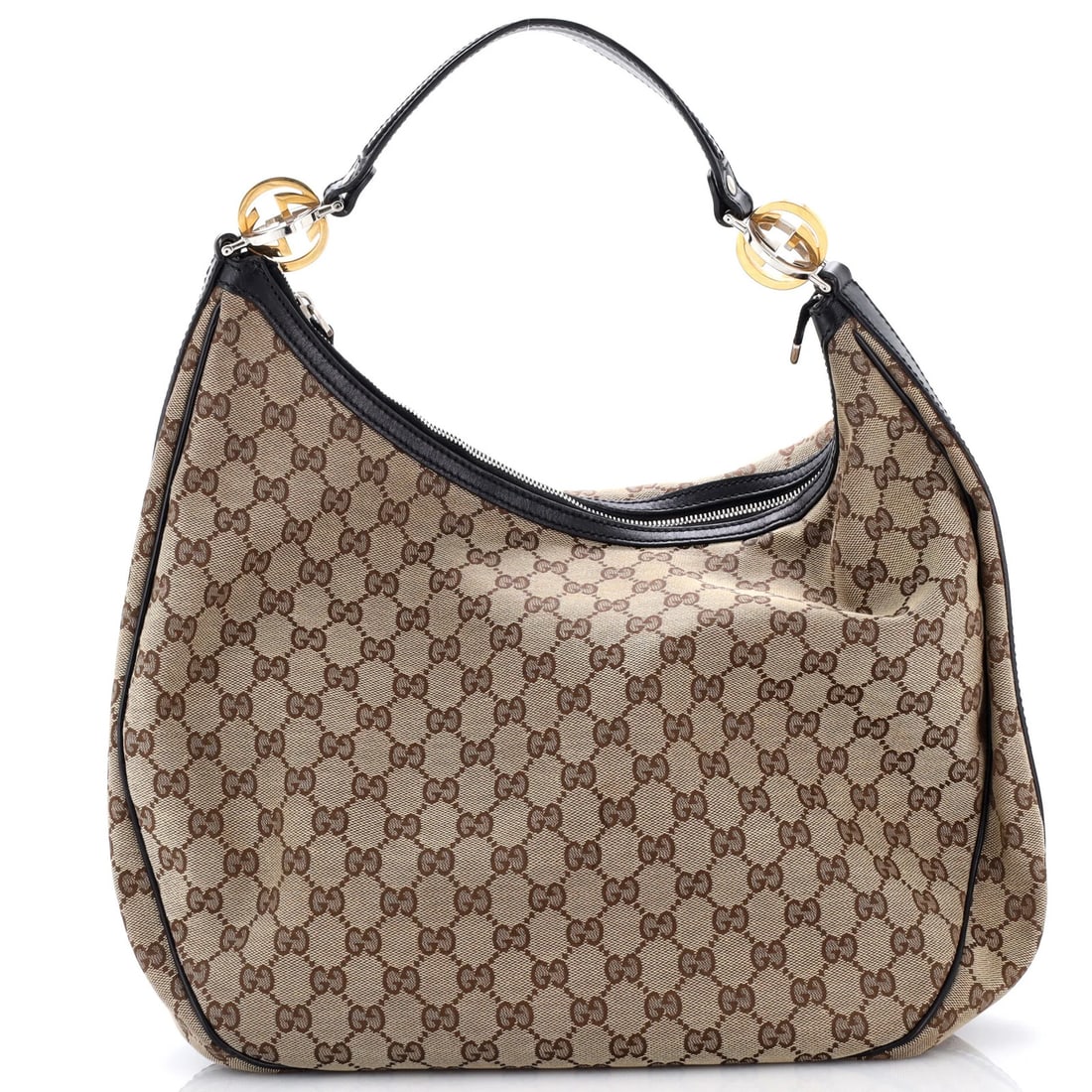 Gucci Twins Hobo GG Canvas Large: Gucci Twins Hobo GG Canvas Large Black Gucci Twins Hobo GG Canvas Large with scuffs, edge wear, and minor discoloration on exterior. Measures 8" handle drop, 12" height, 16" width, and 6" depth. Shows