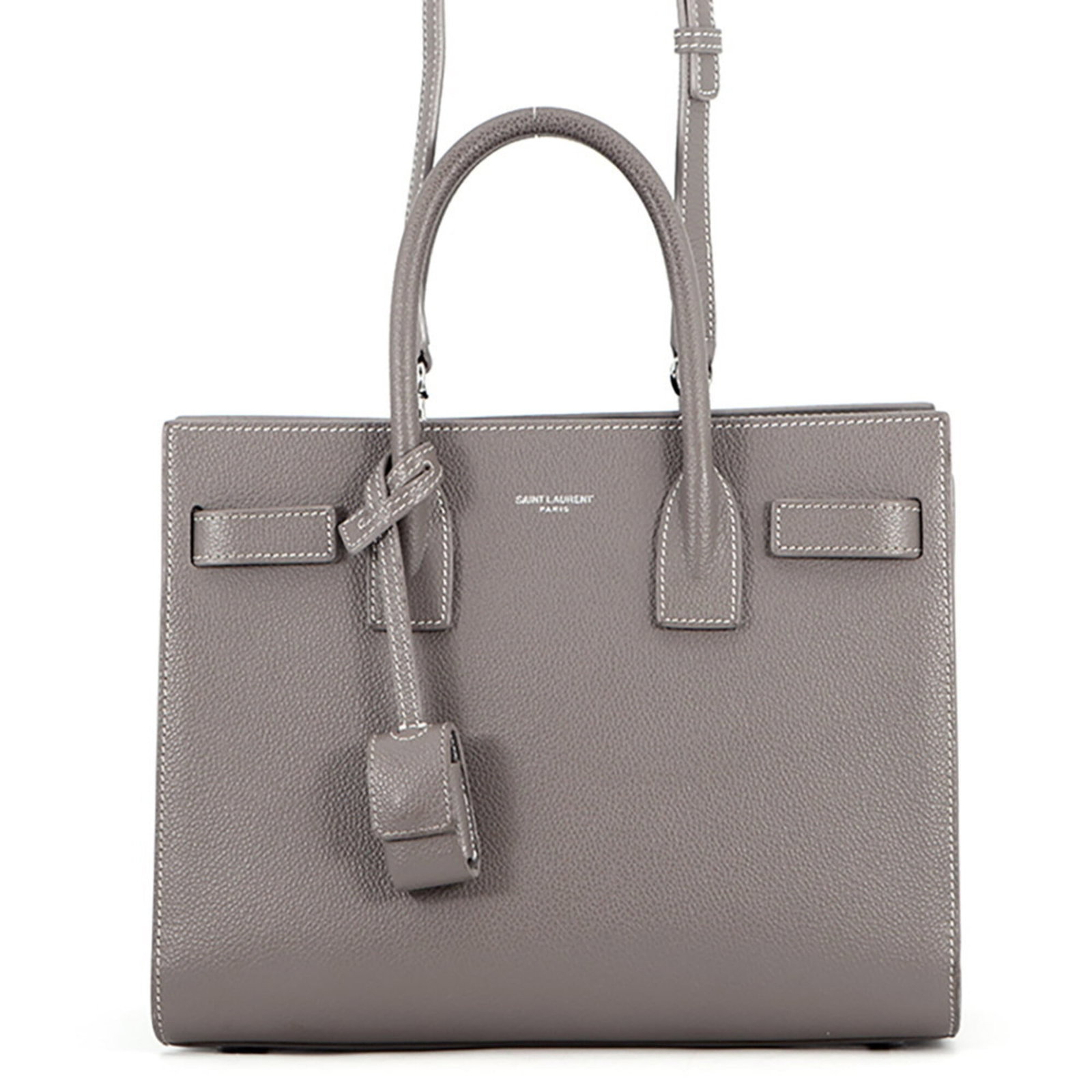 Yves Saint Laurent Handbag Leather: Yves Saint Laurent Handbag Leather The Yves Saint Laurent Handbag Leather features a striking gray leather exterior with silver hardware, showcasing the brand's signature style. This stylish handbag