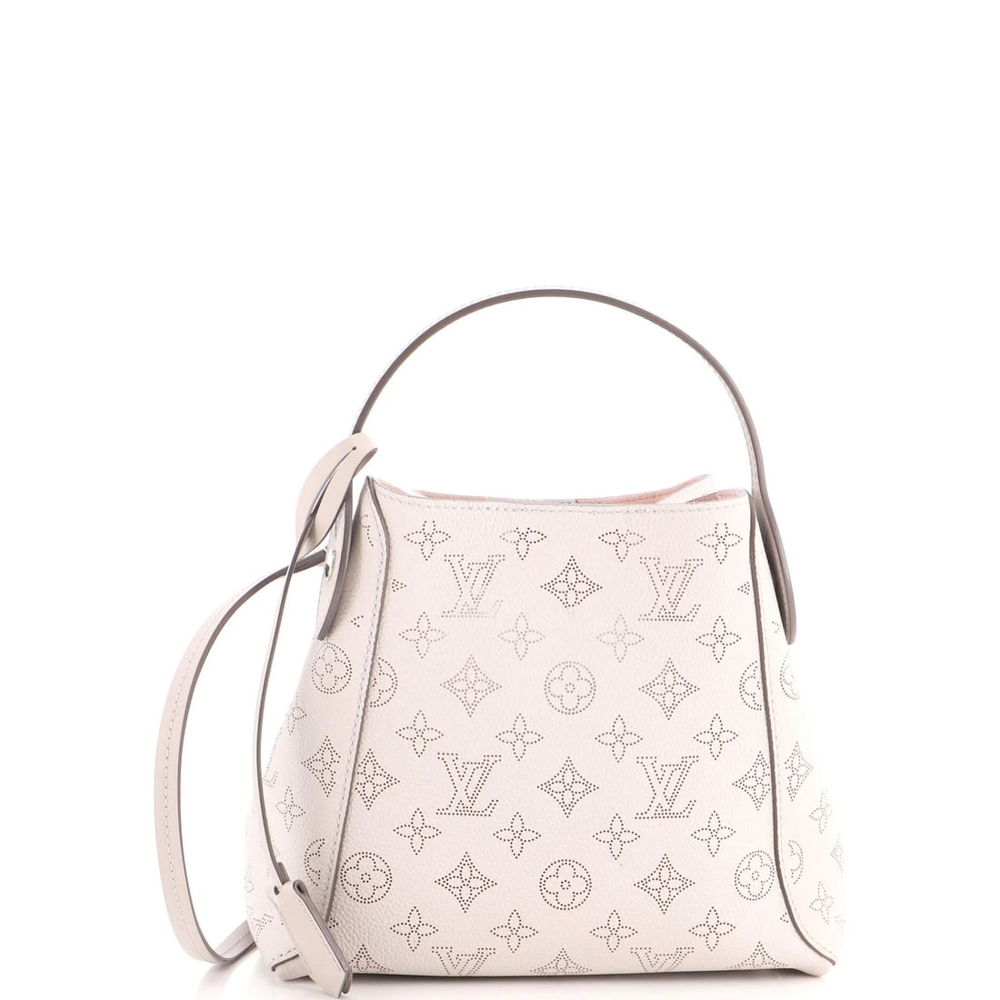 Louis Vuitton Hina Handbag Mahina Leather PM: Louis Vuitton Hina Handbag Mahina Leather PM The Louis Vuitton Hina Handbag Mahina Leather PM features a striking pink exterior with scuffs, edge wear, and minor creases. Measuring 8.5" tall and 9" wi