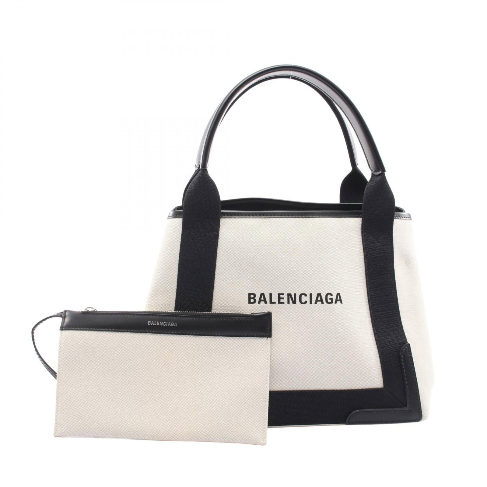Canvas Leather Balenciaga Bag Pouch Tote: Canvas Leather Balenciaga Bag Pouch Tote Canvas Leather Balenciaga Bag Pouch Tote - A stylish and versatile tote bag made from canvas and leather, featuring a sleek black and ivory color combination. 