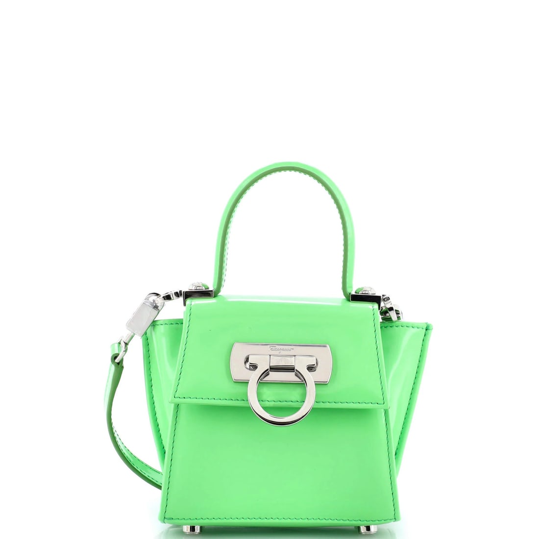 Ferragamo Salvatore Iconic Micro Leather Top Handle Bag: Ferragamo Salvatore Iconic Micro Leather Top Handle Bag The Ferragamo Salvatore Iconic Micro Leather Top Handle Bag boasts a striking green exterior and sleek, modern design. With its micro leather ma