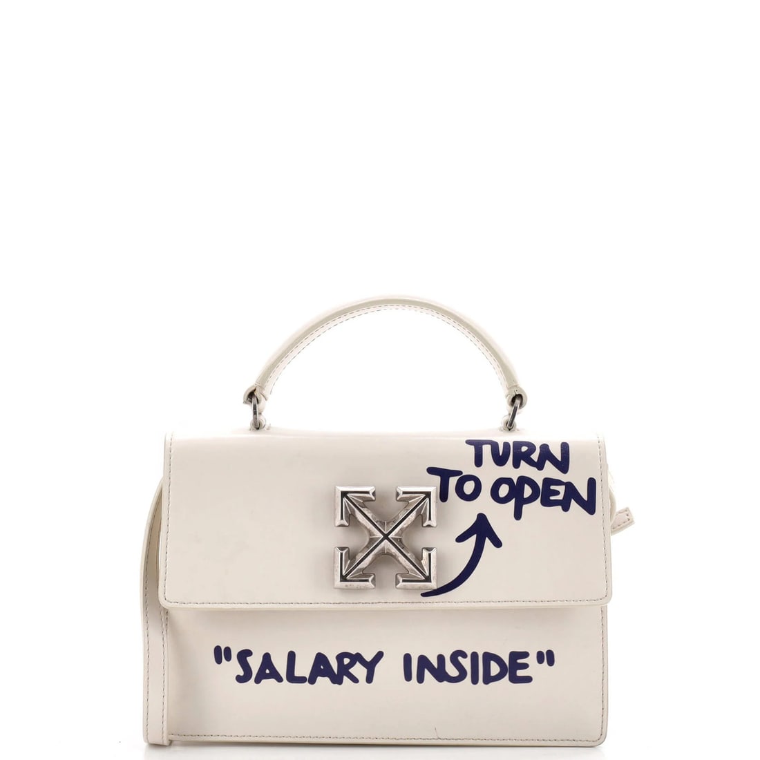 Off White Jitney 1.4 Bag Printed Leather: Off White Jitney 1.4 Bag Printed Leather White leather cross body bag with printed design, featuring a unique combination of exterior and interior colors. The bag measures approximately 6" in height,