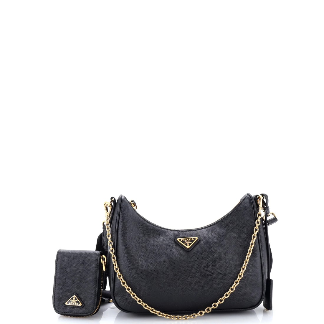 Saffiano leather small shoulder bag re-edition 2005 Prada: Saffiano leather small shoulder bag re-edition 2005 Prada Saffiano leather, a signature material from Prada, adorns this re-edition 2005 small shoulder bag. The black exterior features minor scuffs