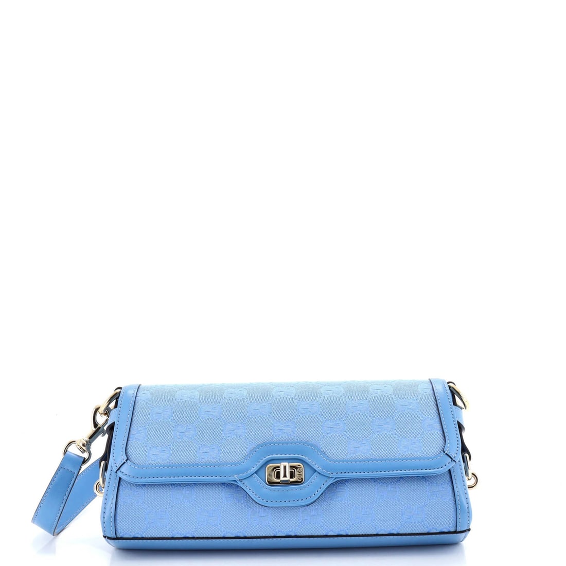 Shoulder Bag Small Canvas Gucci: Shoulder Bag Small Canvas Gucci Small canvas shoulder bag from Gucci, featuring a classic design with a blue exterior and gold tone hardware. The bag shows signs of wear, including scuffs, edge wear,