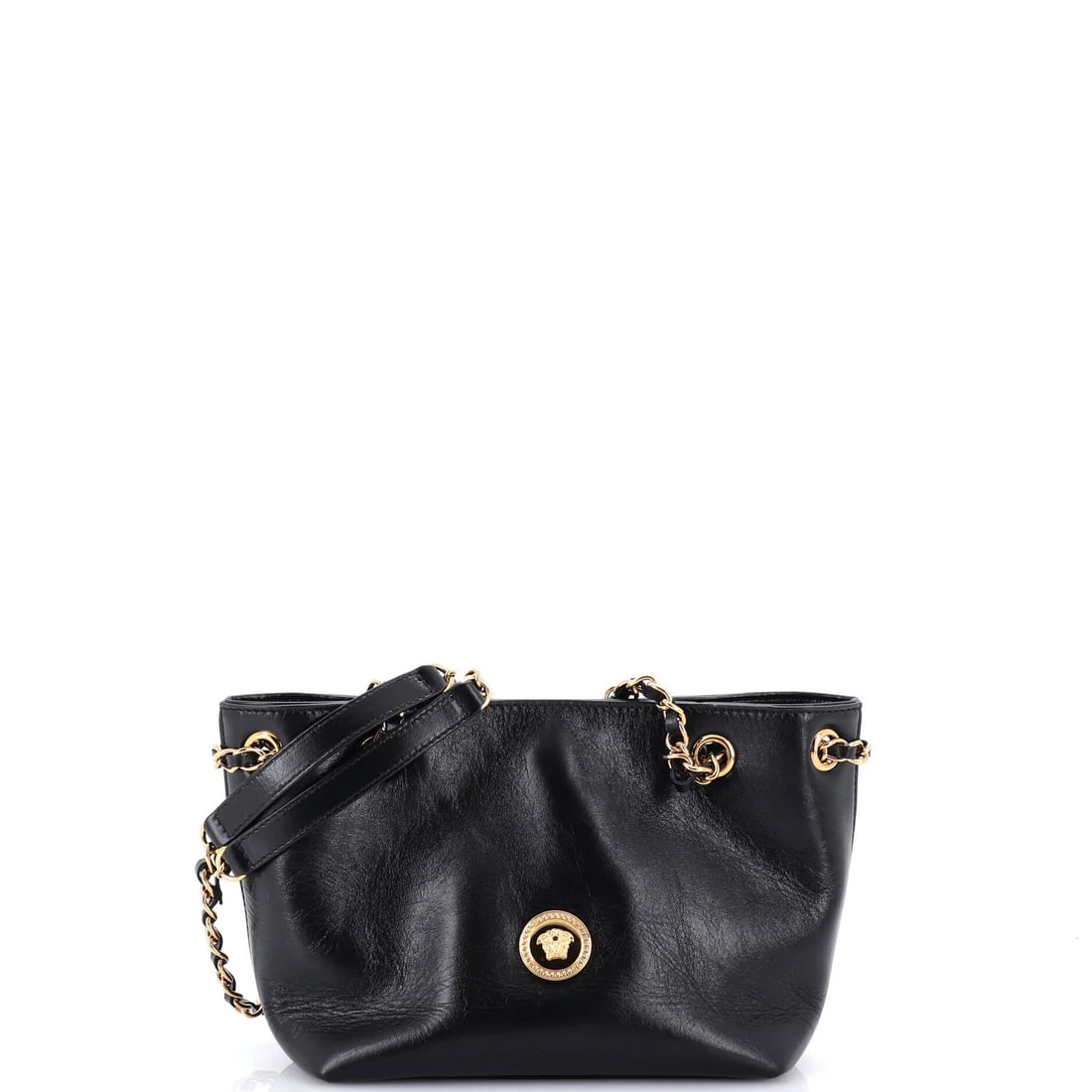 Medusa Icon Chain Tote Leather Versace Mini: Medusa Icon Chain Tote Leather Versace Mini Black leather Medusa icon chain tote bag in mini size, featuring minor creases on exterior and interior. The gold hardware adds a touch of luxury to this