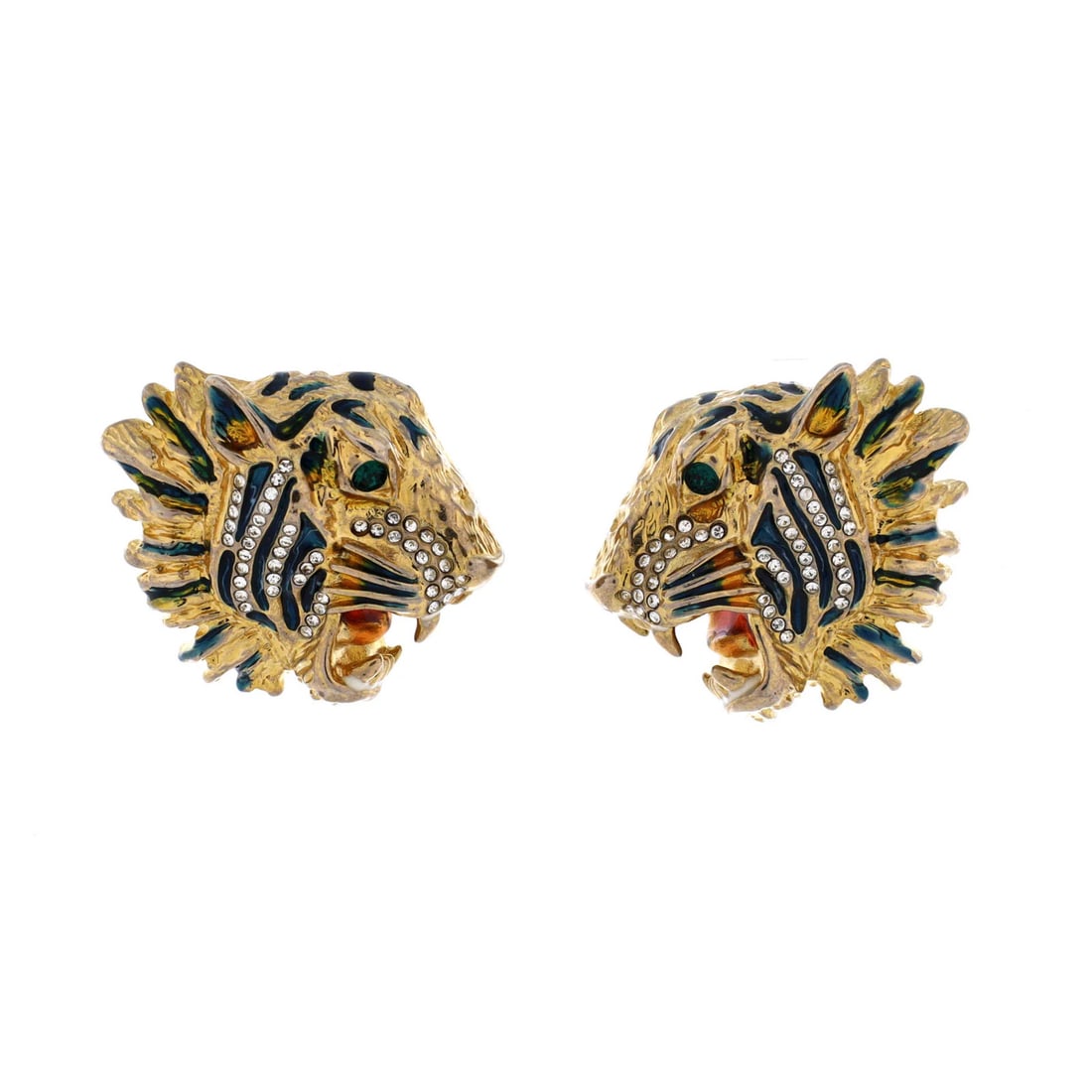 Rajah Gucci Stud Earrings Metal with Enamel Crystal: Rajah Gucci Stud Earrings Metal with Enamel Crystal Stud earrings with a unique blend of blue, gold, and green enamel, set against a luxurious metal backdrop. The intricate design features crystal