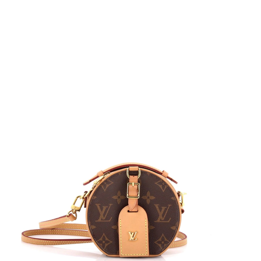 Boite Monogram Canvas Vuitton Bag Chapeau Louis Mini: Boite Monogram Canvas Vuitton Bag Chapeau Louis Mini Brown Mini Boite Chapeau Bag with Monogram Canvas Exterior and Leather Interior, featuring a gold hardware and minor scuffs on the exterior. This
