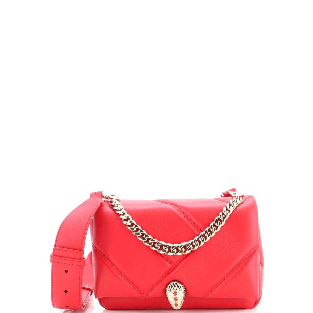 Small leather quilted bag with serpenti cabochon messenger bag: Small leather quilted bag with serpenti cabochon messenger bag Small leather quilted bag with serpenti cabochon messenger bag in red exterior, featuring diagonal quilted leather and pink interior. The