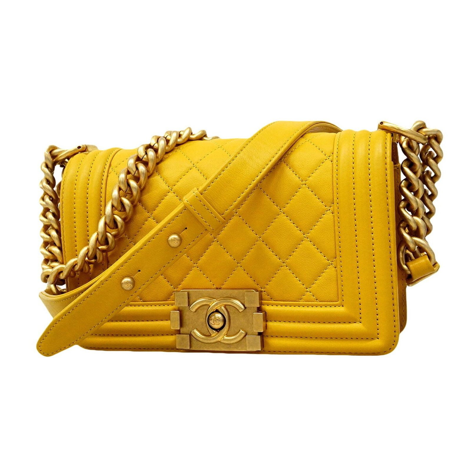 Shoulder Bag Leather Chanel: Shoulder Bag Leather Chanel This luxurious shoulder bag is crafted from high-quality lambskin leather, featuring a vibrant yellow color and gold hardware. Measuring 12.5cm x 20cm x 5.5cm, it boasts a 