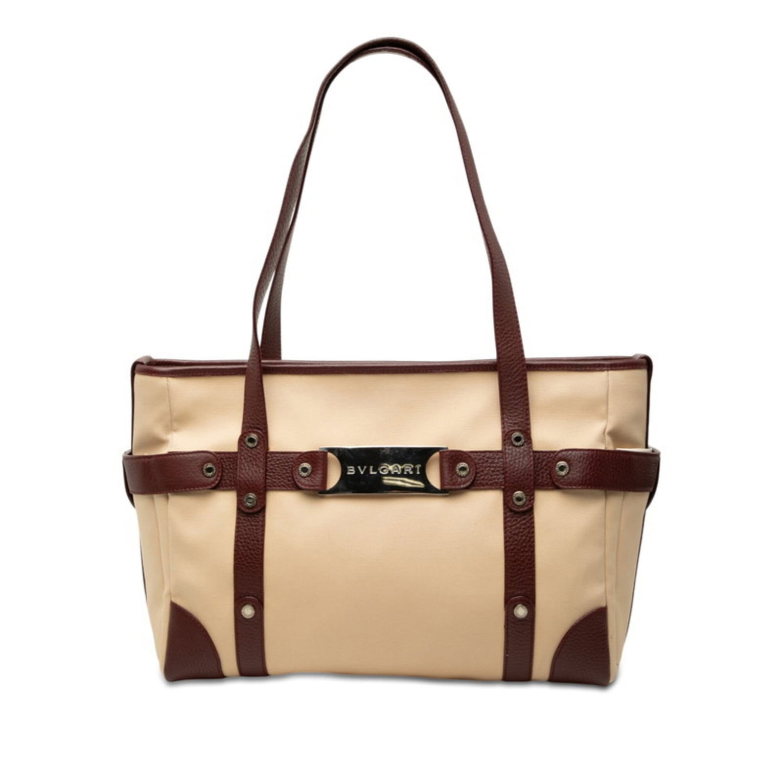 Bag Canvas Leather Shoulder Tote Bvlgari: Bag Canvas Leather Shoulder Tote Bvlgari Canvas and leather combine in this elegant Bvlgari shoulder tote, available in two stylish colors. With its classic design and spacious interior, this bag is
