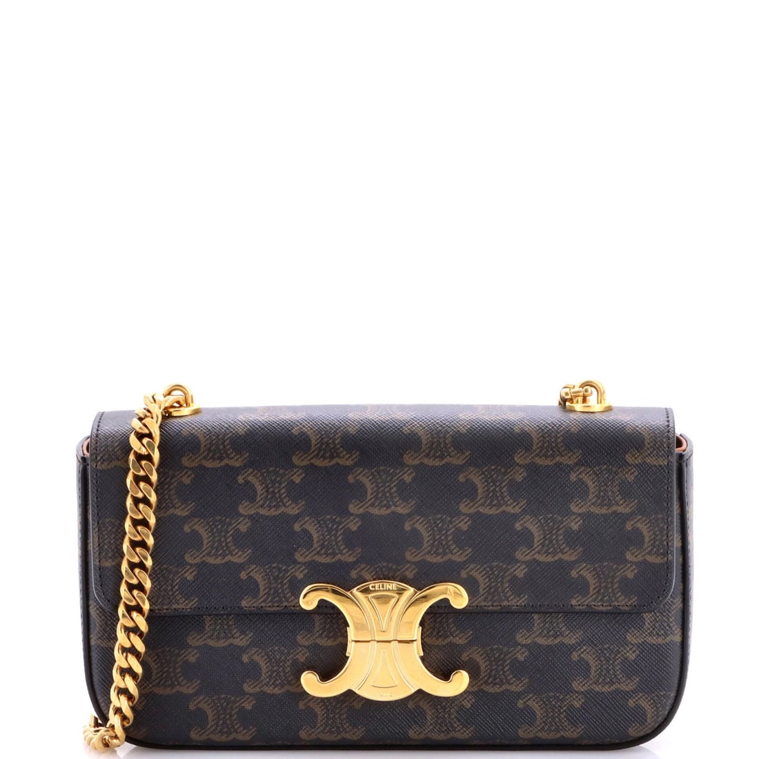 Celine Triomphe Chain Shoulder Bag Triomphe Coated Canvas Small: Celine Triomphe Chain Shoulder Bag Triomphe Coated Canvas Small Small Celine Triomphe Chain Shoulder Bag in Brown, featuring canvas coated exterior with leather interior and gold hardware. This great