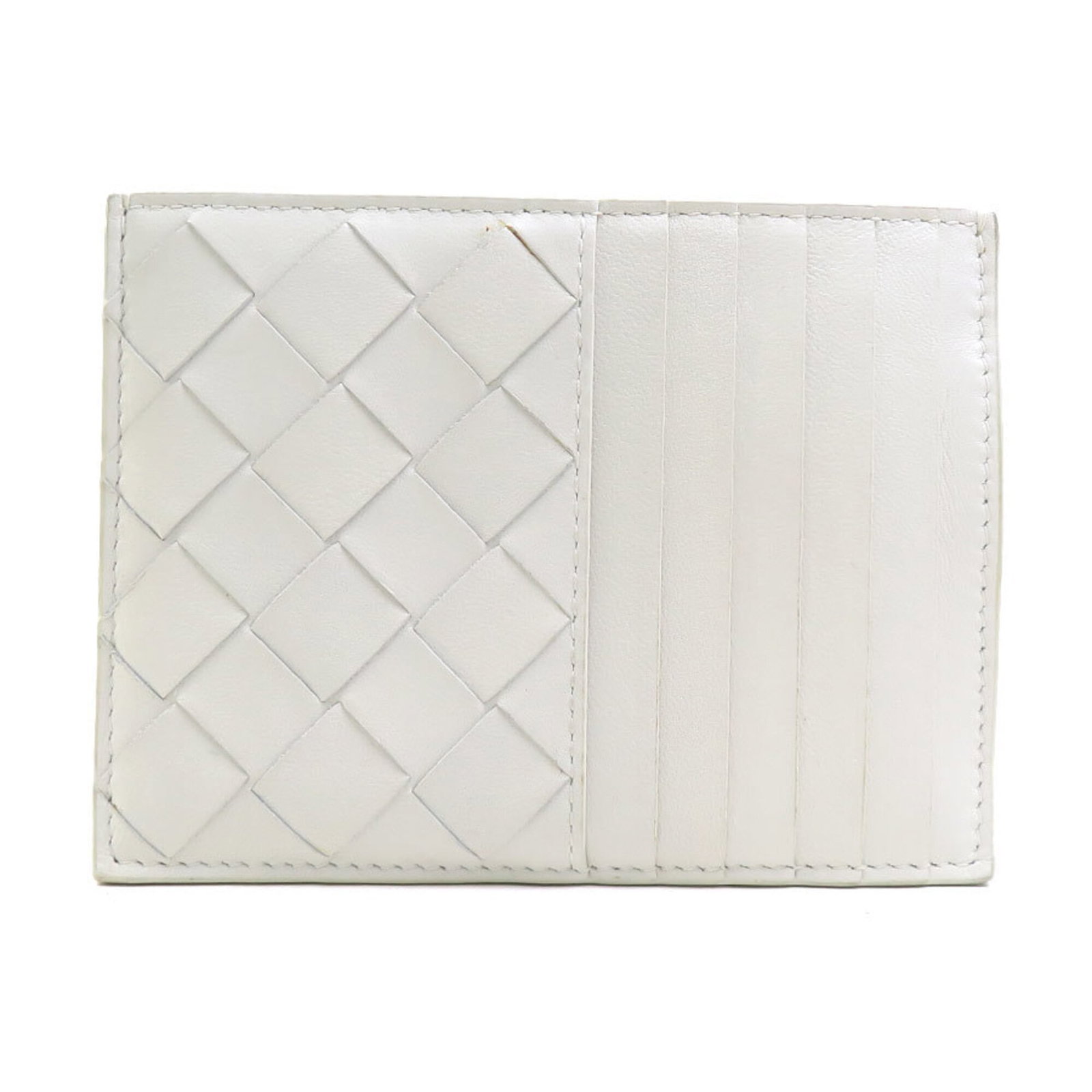 Bottega Veneta Card Case Intrecciato: Bottega Veneta Card Case Intrecciato Intrecciato woven design adds texture and visual interest to this off-white card case from Bottega Veneta, crafted in Italy. The compact size makes it a convenient