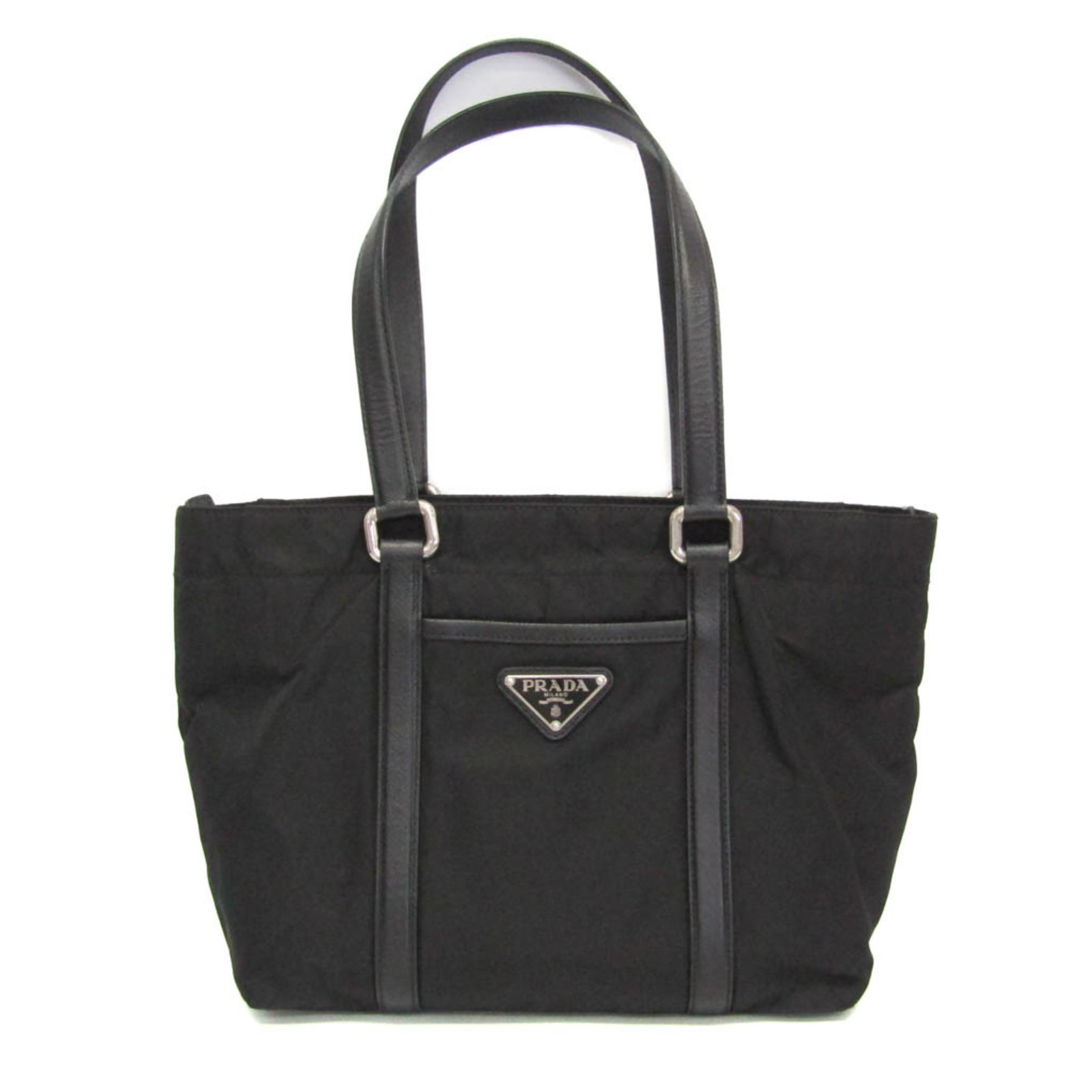 Nylon leather Prada tote bag: Nylon leather Prada tote bag Nylon leather Prada tote bag with sleek design, featuring silver hardware and a sturdy zipper closure. The bag boasts two convenient pockets for organization, including