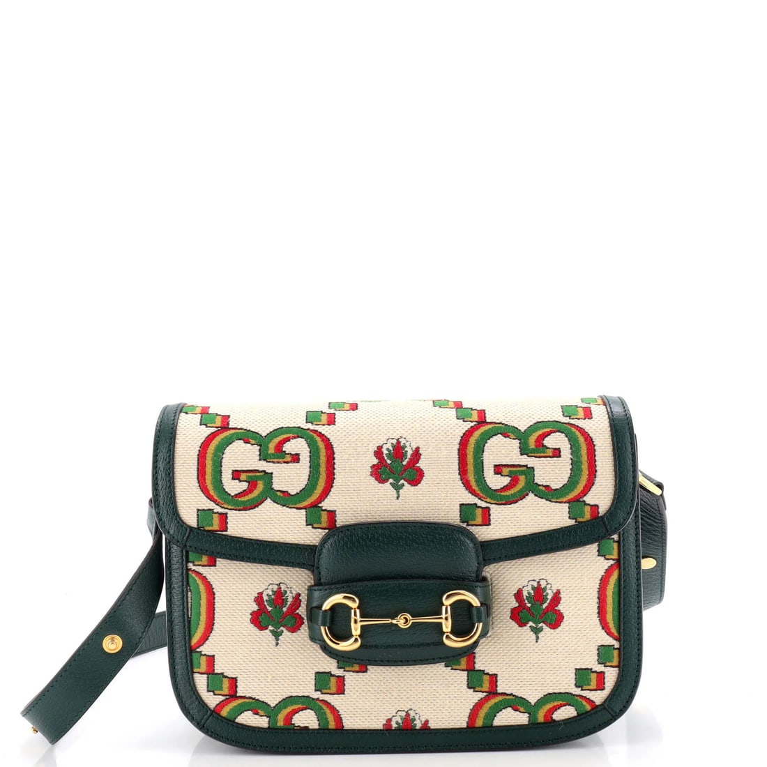 Small GG Horsebit Print Jacquard 1955 Bag Gucci Shoulder: Small GG Horsebit Print Jacquard 1955 Bag Gucci Shoulder Small GG Horsebit Print Jacquard 1955 Bag Gucci Shoulder in Green features the iconic Horsebit print, a signature design element from Gucci's