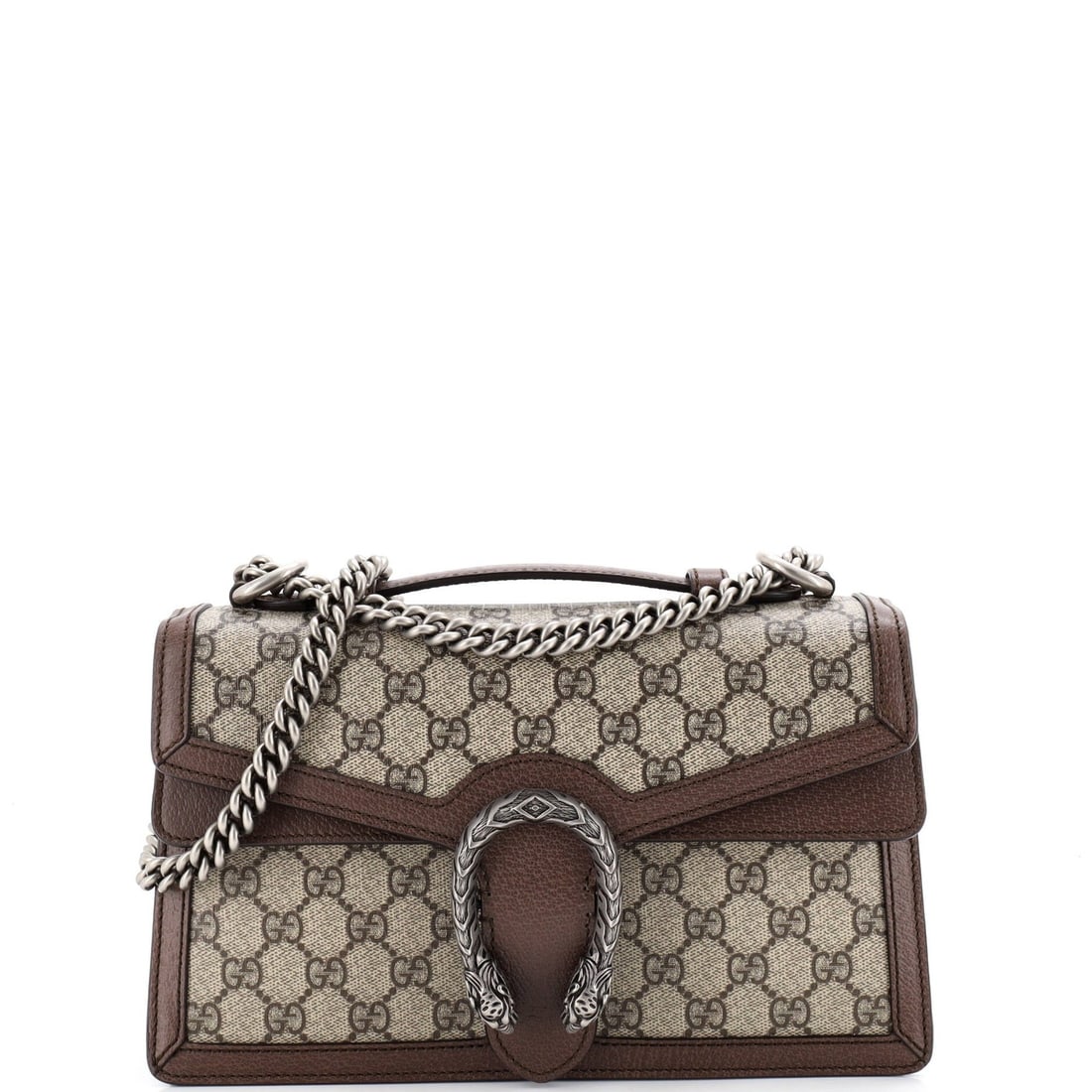 Gucci Small Bag Chain Handle Dionysus Coated Canvas GG Top: Gucci Small Bag Chain Handle Dionysus Coated Canvas GG Top Small Dionysus Coated Canvas GG Top Bag in Brown Features a Chain Handle and Measures 7" x 11" x 3.5". The Exterior Shows Minor Cracking and 