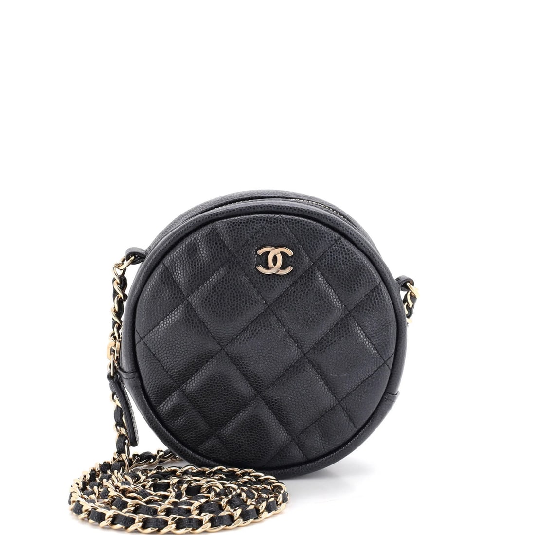 Mini round clutch with chain quilted caviar Chanel: Mini round clutch with chain quilted caviar Chanel Black leather round clutch with chain quilted caviar design, featuring a 5" height and 23" strap drop. The exterior has minor creases and the interio