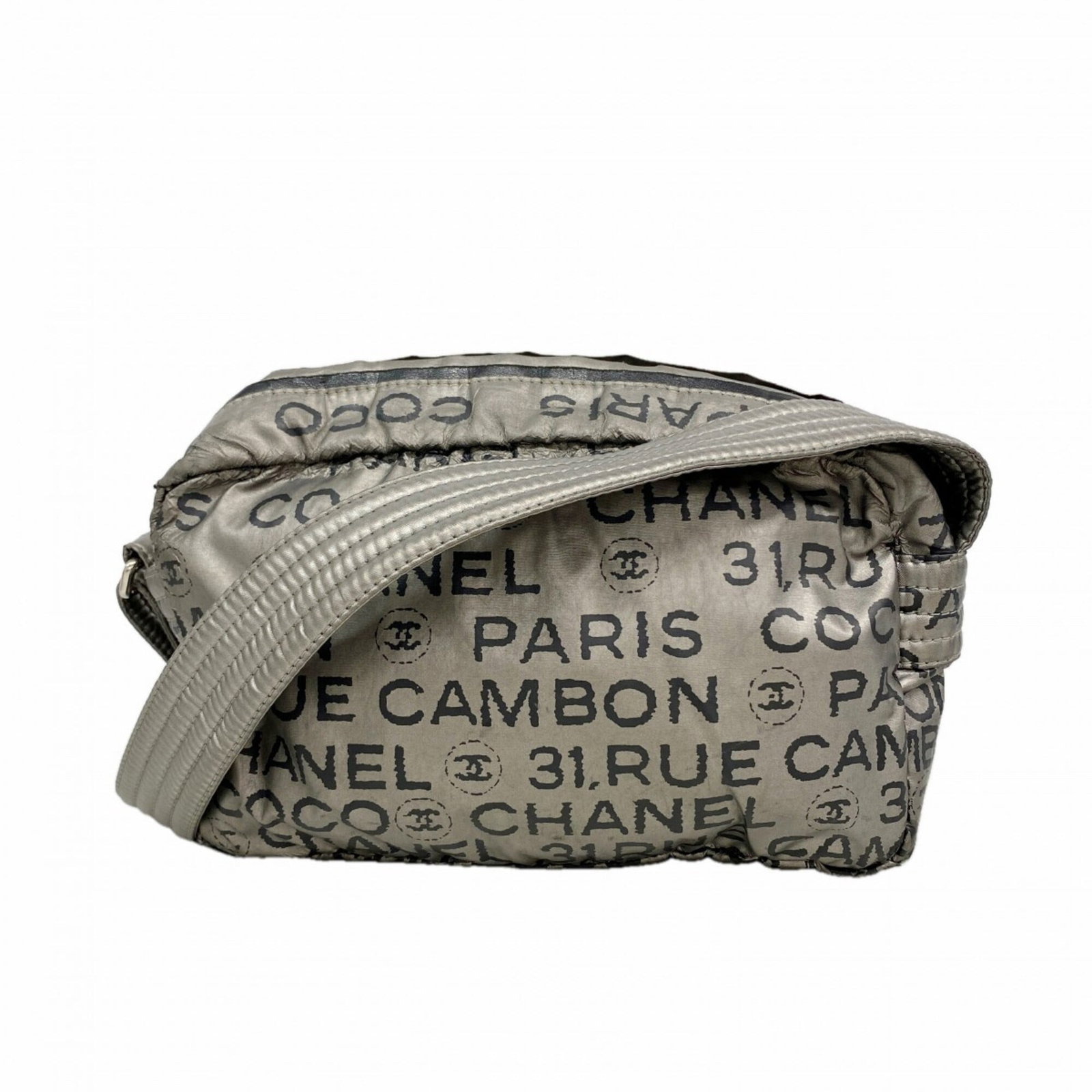Shoulder Bag Nylon by Chanel: Shoulder Bag Nylon by Chanel Gray Nylon Shoulder Bag by Chanel, measuring 15cm x 23cm x 7.5cm, features silver hardware and a sleek design. This stylish bag is made from high-quality nylon material,