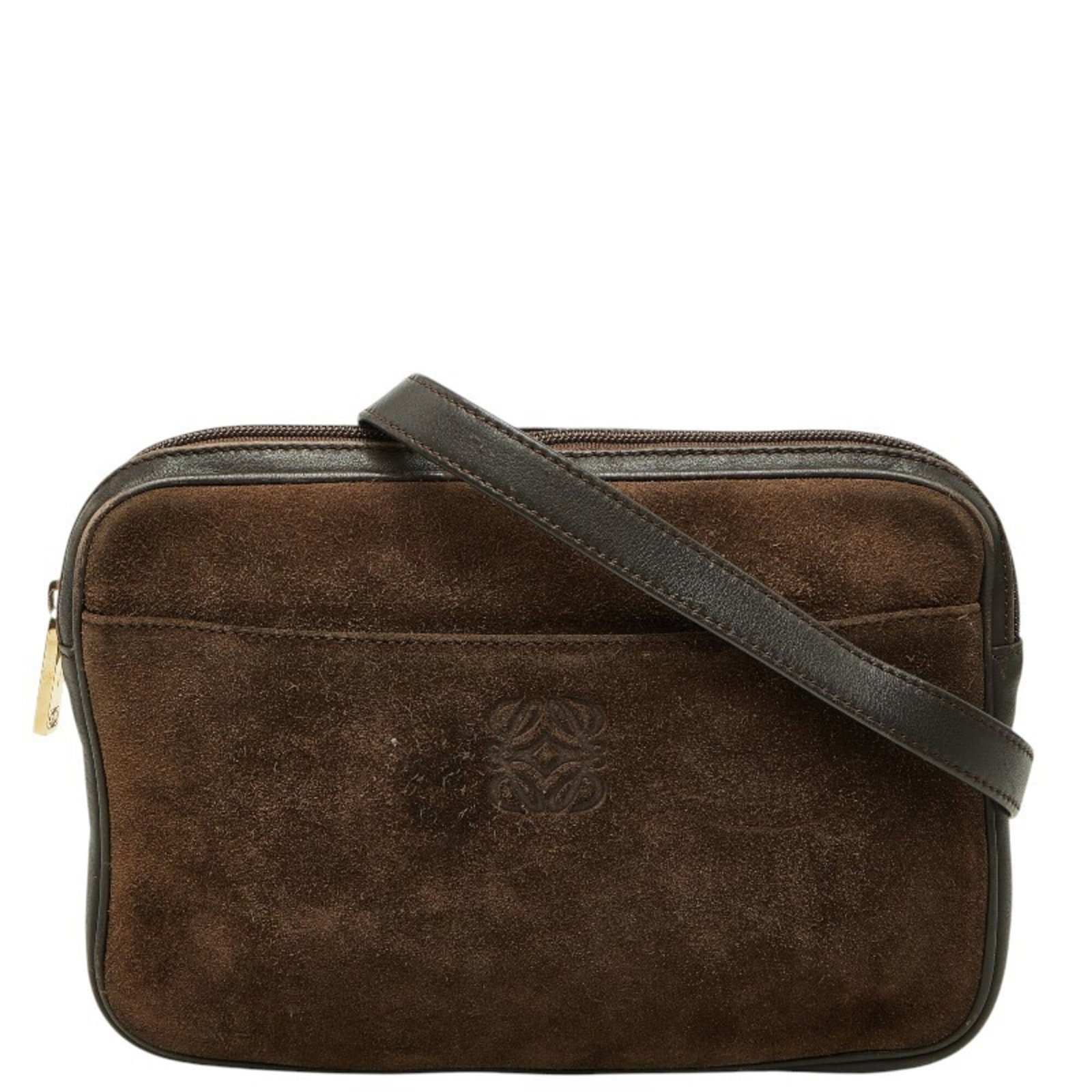 Shoulder Bag Leather Suede Loewe: Shoulder Bag Leather Suede Loewe This luxurious Loewe shoulder bag features high-quality leather and suede materials, presented in a rich brown color. Measuring 17cm x 23.5cm x 2cm, it boasts a sleek 