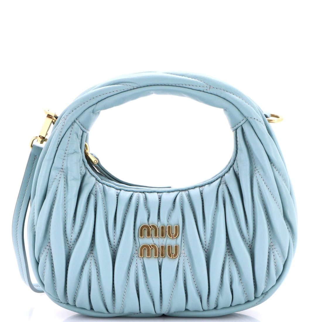 Miu Matelasse Leather Hobo Mini: Miu Matelasse Leather Hobo Mini Miu Miu's Wander Hobo Matelasse Leather Mini boasts a chic blue exterior with satin interior, adding a touch of sophistication to your daily essentials. The mini hobo