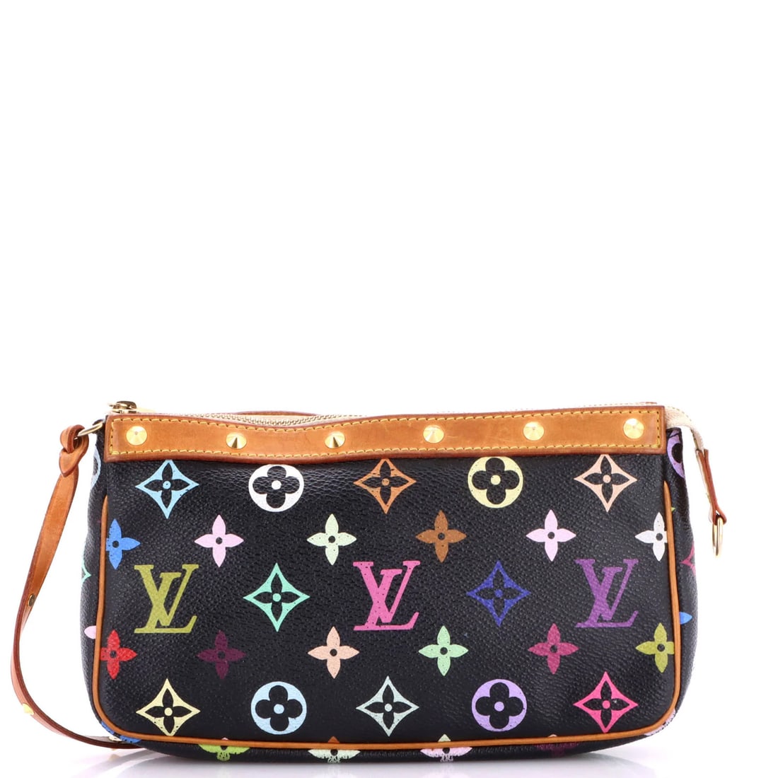 Monogram Multicolor Louis Vuitton Pochette Accessoires: Monogram Multicolor Louis Vuitton Pochette Accessoires Black Monogram Multicolor Louis Vuitton Pochette Accessoires with heavy edge wear, creases, scuffs, and discoloration, featuring a canvas-coated