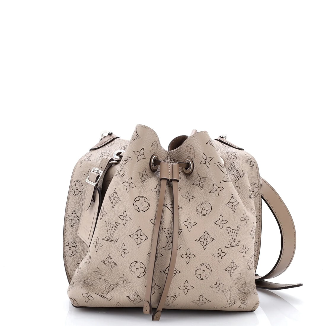 Vuitton Muria Bucket Bag Mahina Leather Louis: Vuitton Muria Bucket Bag Mahina Leather Louis Neutral-toned Mahina Leather Louis Vuitton Muria Bucket Bag with silver hardware and microfiber interior, featuring exterior scuffs and minor creases.