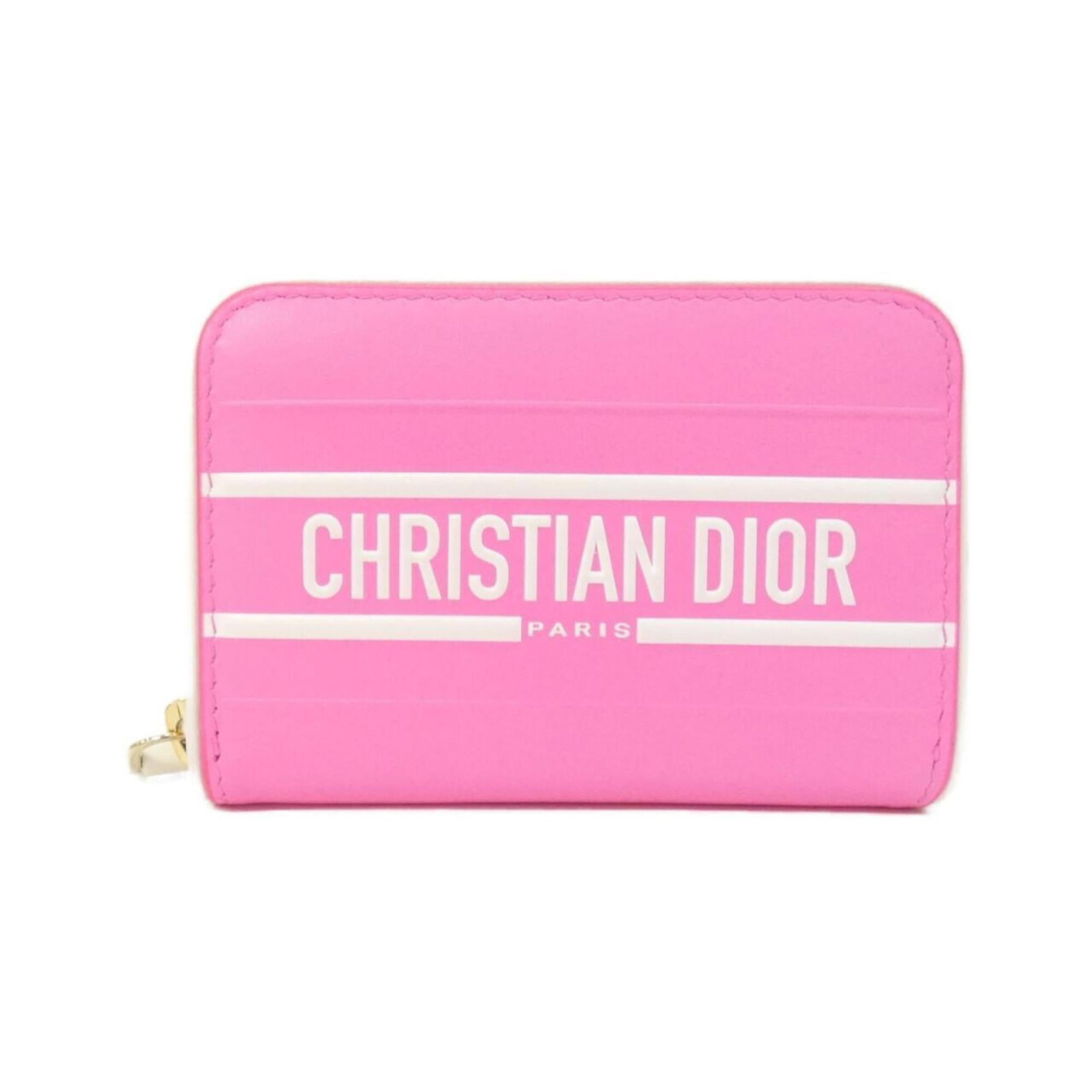 Christian Dior leather purse case: Christian Dior leather purse case The Christian Dior leather purse case boasts a striking pink color and sleek design, crafted from high-quality calfskin leather. Measuring just 8cm x 11cm x 2cm in