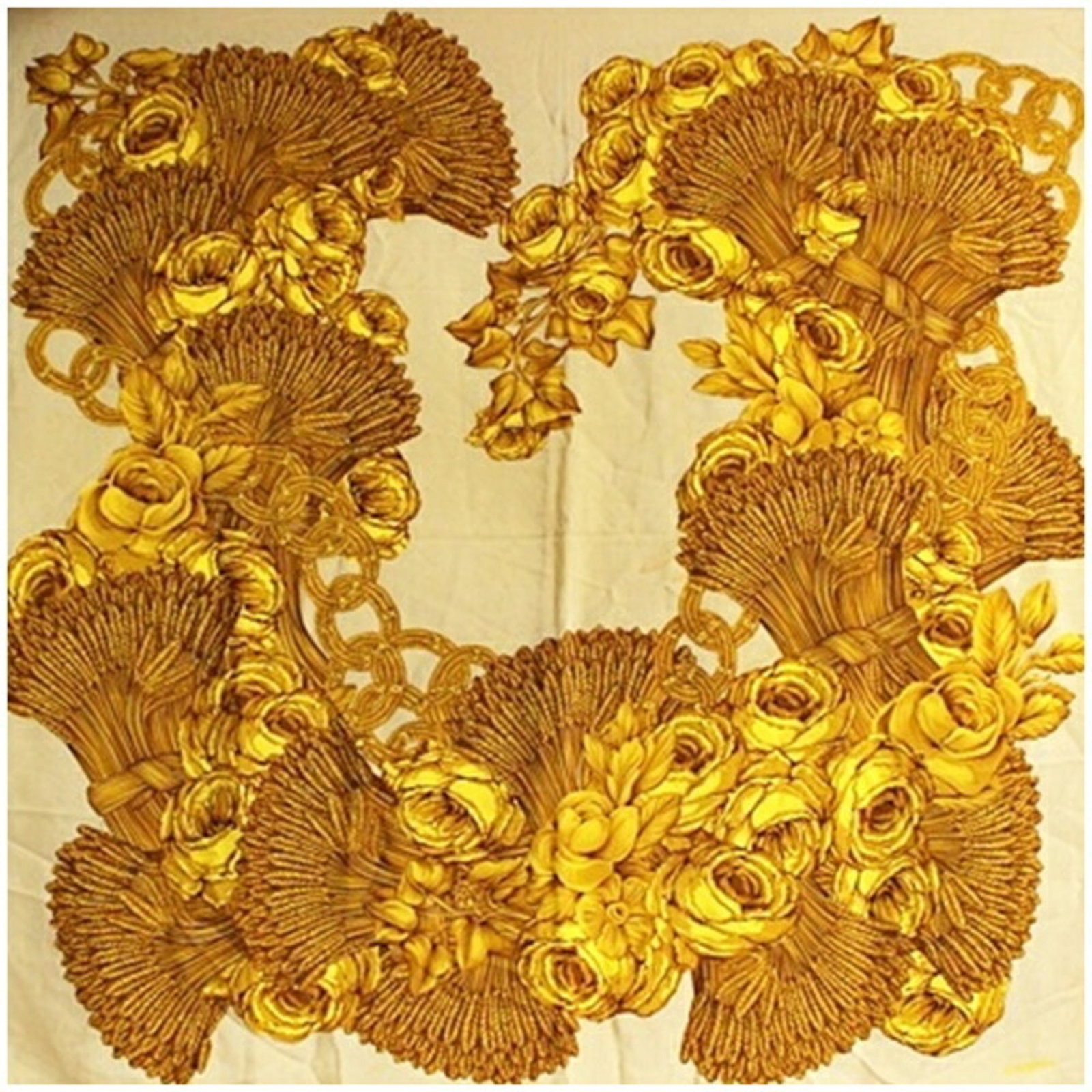Chanel Silk Scarf: Chanel Silk Scarf Silk scarf from renowned fashion brand Chanel, available in beige and yellow hues. Made from high-quality silk with dimensions of 92cm x 94cm, this accessory offers a touch of