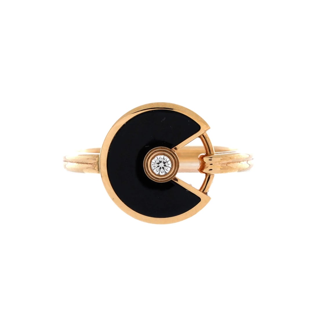 Ring with Diamond and Onyx 18K Rose Gold by Cartier: Ring with Diamond and Onyx 18K Rose Gold by Cartier 18K rose gold Amulette De Cartier ring features a striking combination of onyx and diamond, set in luxurious 18K rose gold. This elegant piece boast