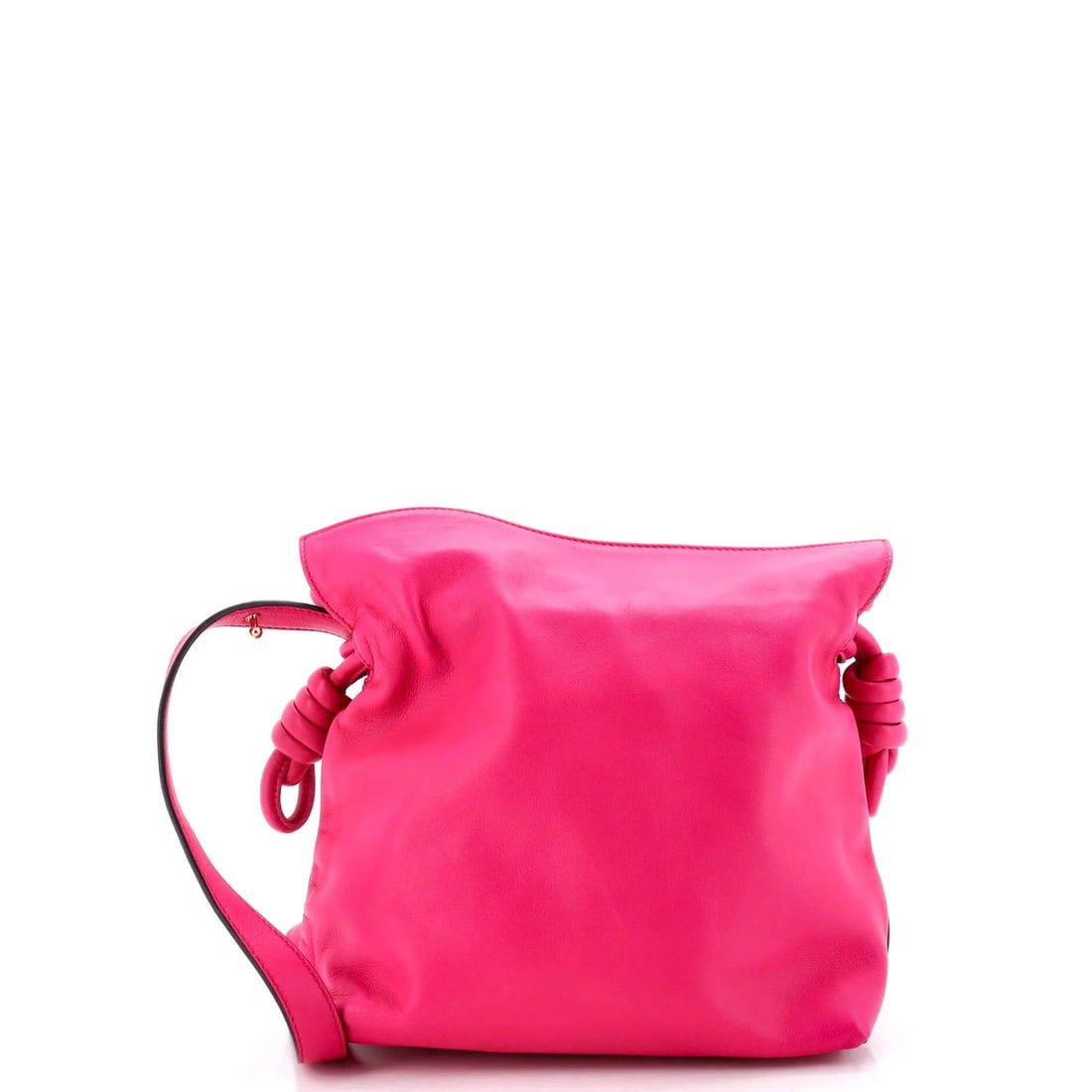Flamenco Knot Leather Small Bag: Flamenco Knot Leather Small Bag The Flamenco Knot Leather Small Bag boasts a vibrant pink exterior and neutral interior, making it a striking accessory. With its gold hardware and signature creases,