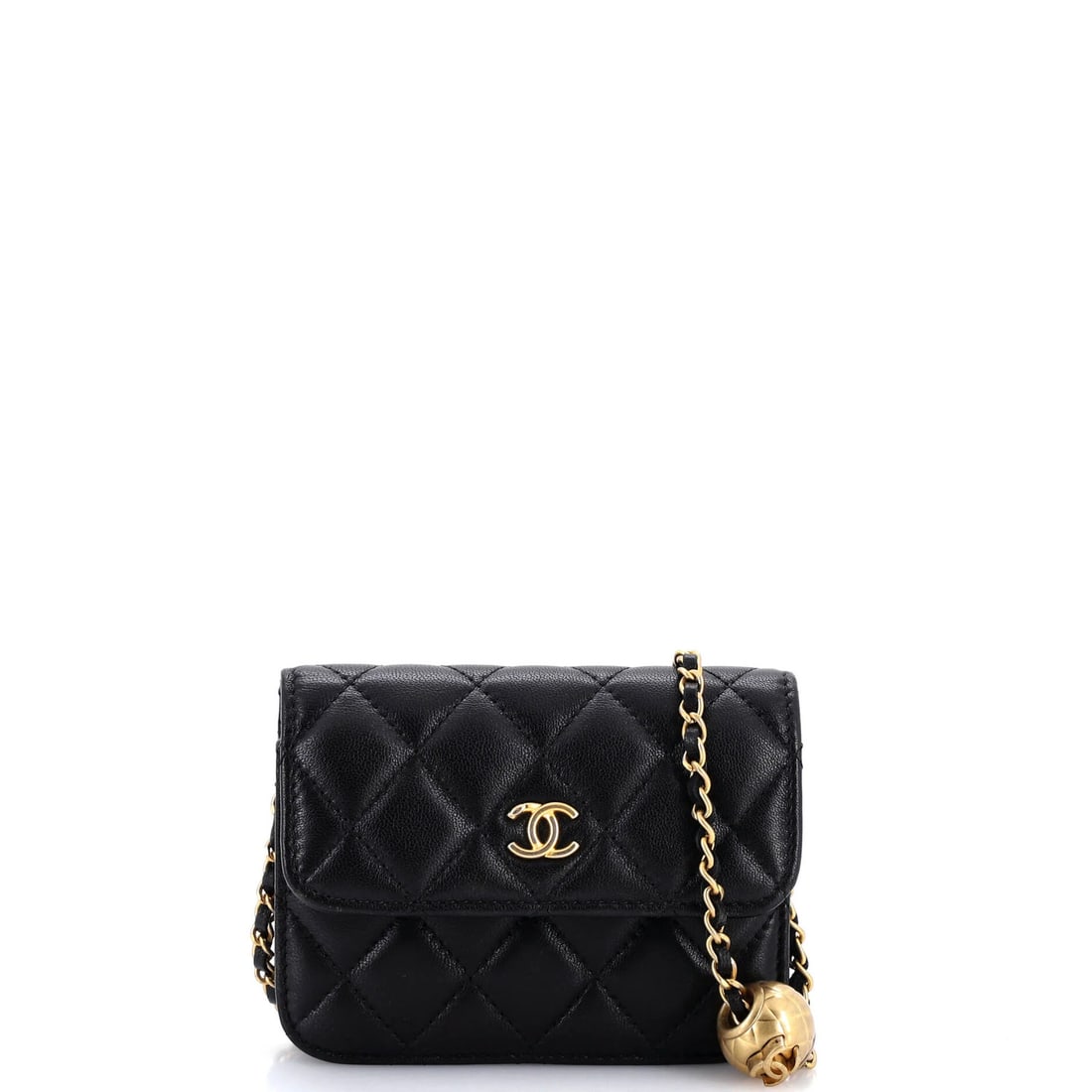 Chanel Pearl Clutch with Chain Lambskin Quilted Crush Mini: Chanel Pearl Clutch with Chain Lambskin Quilted Crush Mini Black Pearl Crush Flap Clutch with Chain Quilted Lambskin Mini from Chanel, featuring a classic cross body design and minor scuffs on the ext