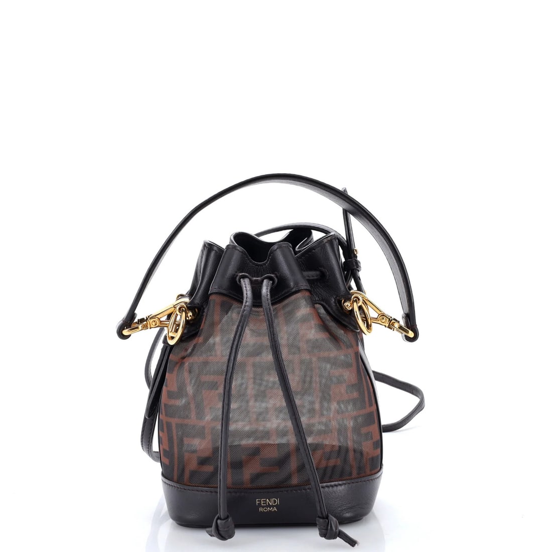 Fendi Bucket Bag Zucca Mesh with Leather Mon Tresor Mini: Fendi Bucket Bag Zucca Mesh with Leather Mon Tresor Mini Brown Fendi Mon Tresor Mini Bucket Bag with Zucca Mesh and Leather Exterior, featuring minor creases, scuffs, and edge wear. This mini bucket b