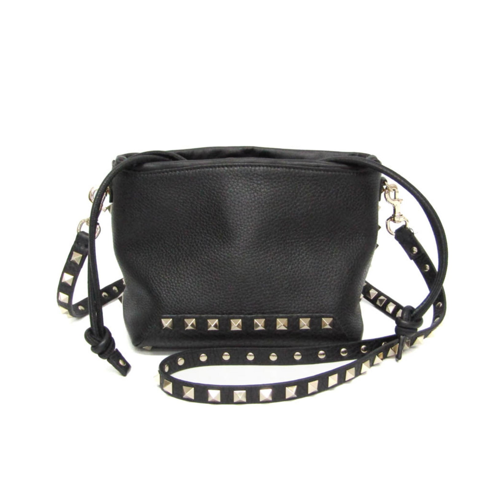 Valentino Garavani Shoulder Bag Leather: Valentino Garavani Shoulder Bag Leather Valentino Garavani Lockstuds drawstring shoulder bag in black leather features a sleek design with a string closure and adjustable strap length. The bag's compa