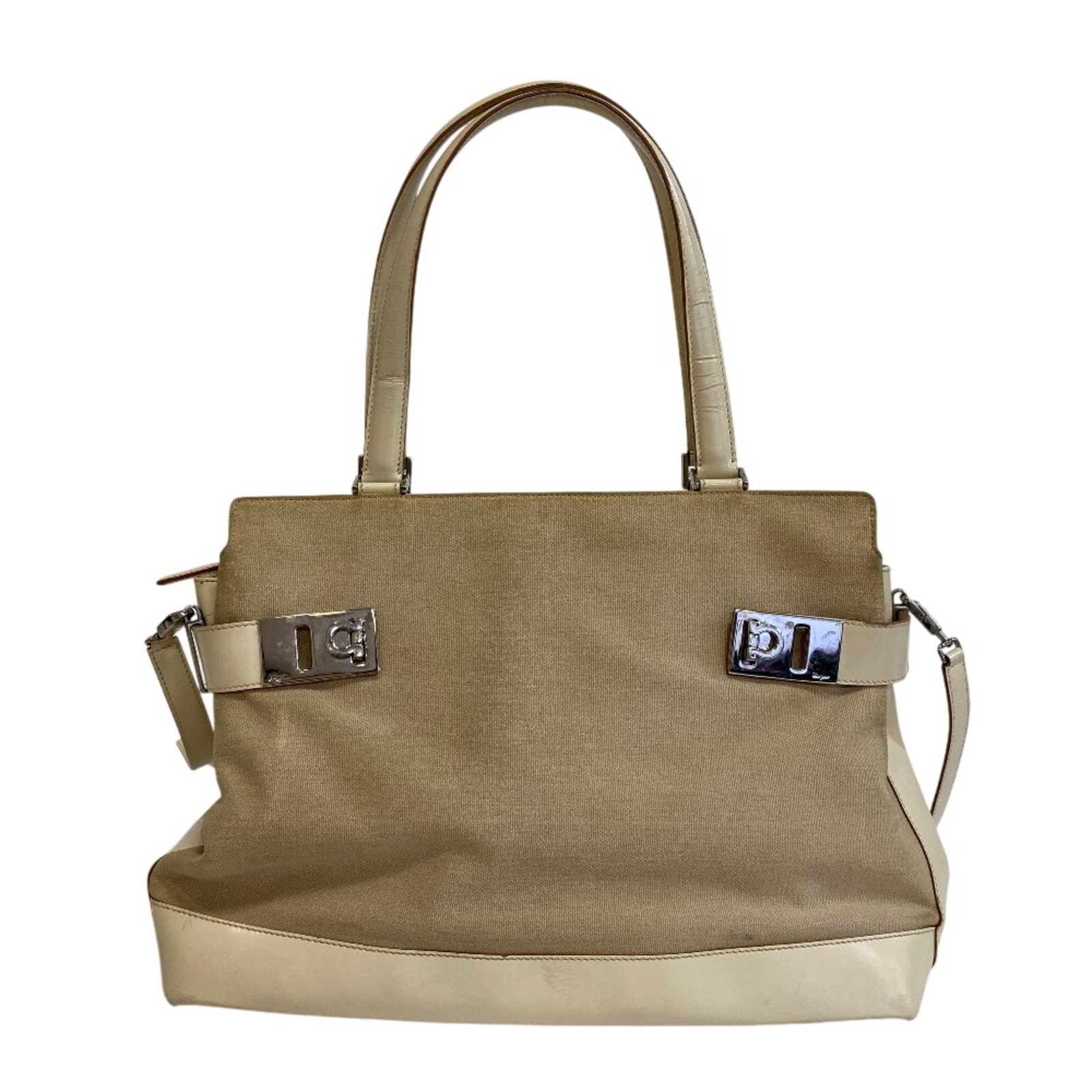 Shoulder Bag Handbag Salvatore Ferragamo Canvas Leather: Shoulder Bag Handbag Salvatore Ferragamo Canvas Leather Canvas and leather come together in a classic design, with clean lines and a timeless aesthetic. This beige and white shoulder bag measures