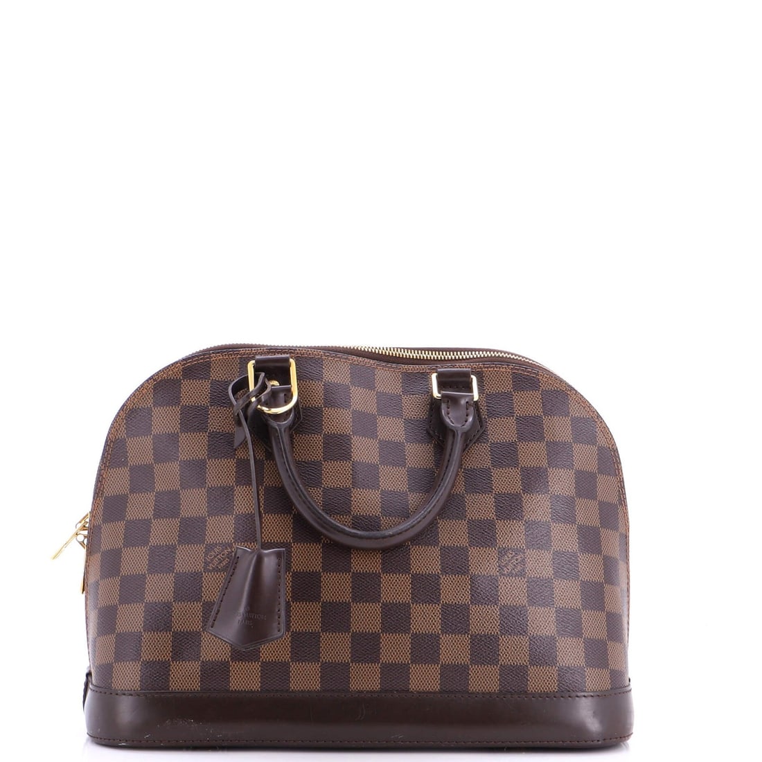 Handbag Alma Handbag Damier Louis Vuitton: Handbag Alma Handbag Damier Louis Vuitton Brown canvas coated Louis Vuitton Alma handbag with Damier PM pattern, featuring top handle and gold hardware. The bag has heavy scuffs throughout, corner