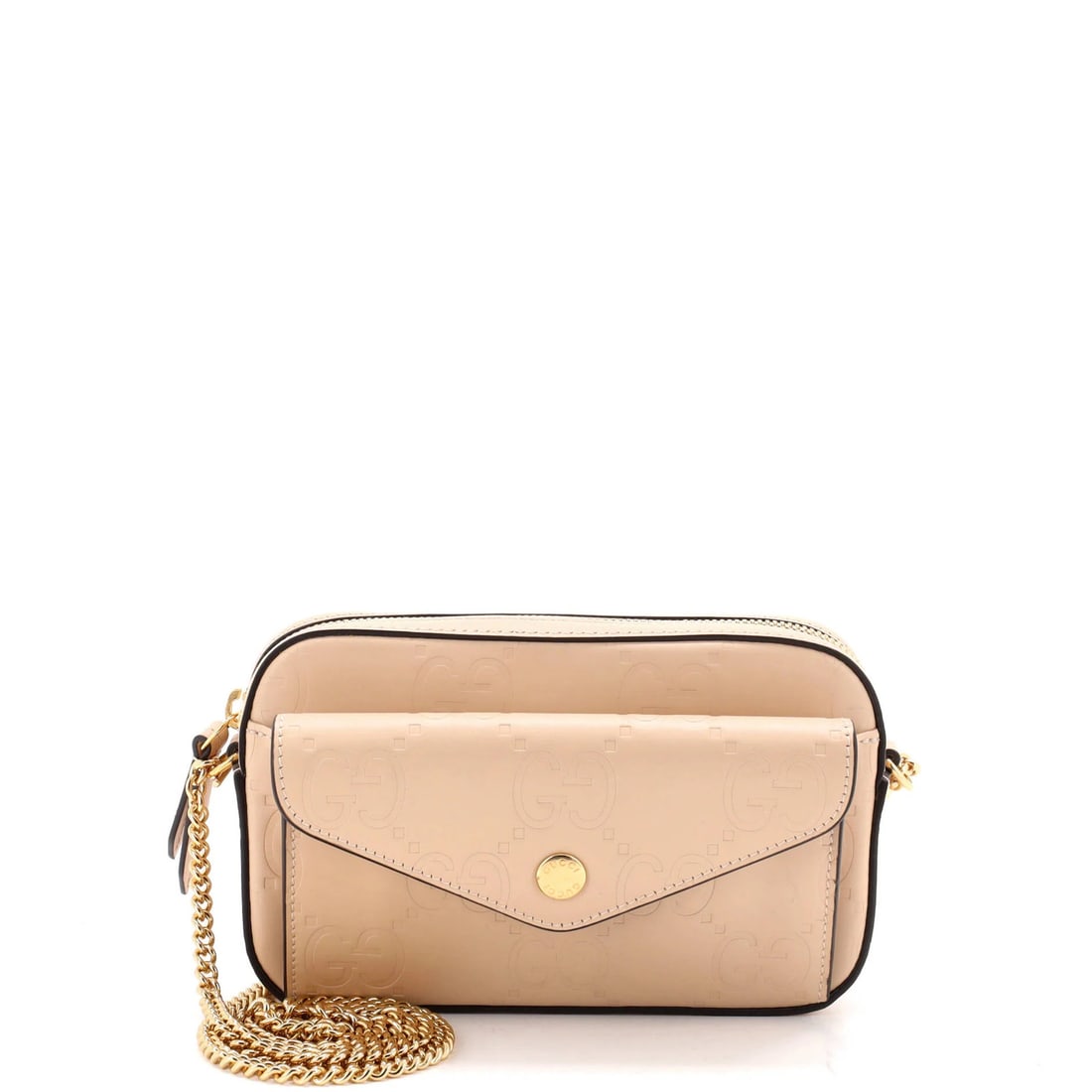 Gucci Mini Jumbo Bag Chain Super Leather Front GG Embossed Pocket Shoulder: Gucci Mini Jumbo Bag Chain Super Leather Front GG Embossed Pocket Shoulder Super Mini Gucci Chain Shoulder Bag with Front Pocket and GG Embossed Leather. This neutral-colored, super mini cross body
