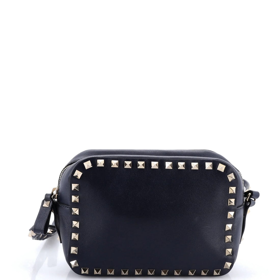 Garavani Valentino Rockstud Camera Crossbody Bag Leather: Garavani Valentino Rockstud Camera Crossbody Bag Leather The Garavani Valentino Rockstud Camera Crossbody Bag Leather boasts a striking blue exterior with gold tone hardware, adding a touch of