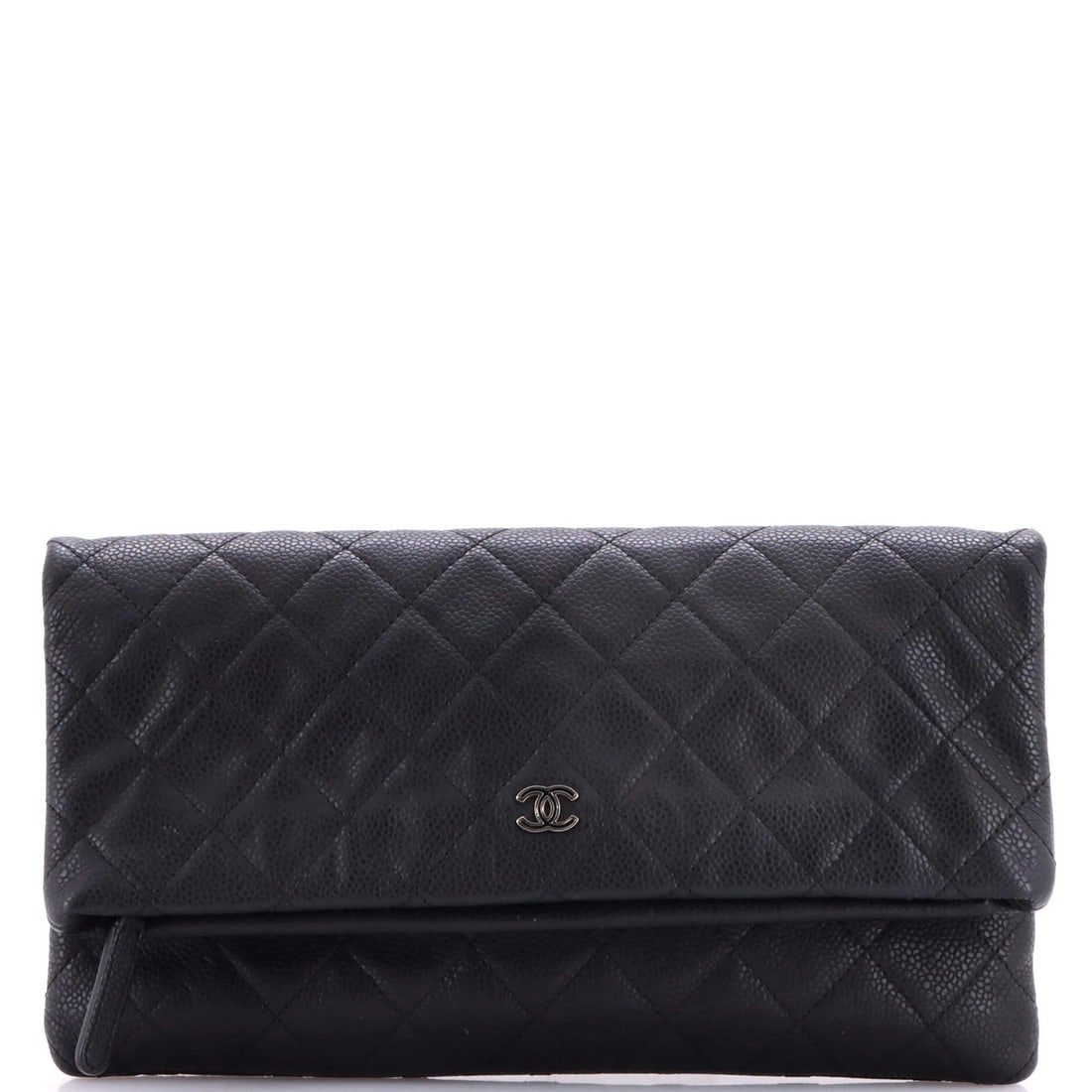 Foldover clutch quilted caviar by Chanel: Foldover clutch quilted caviar by Chanel Black quilted caviar leather foldover clutch by Chanel, with minor scuffs and creases on the exterior and light odor, minor scuffs, and discoloration inside. M