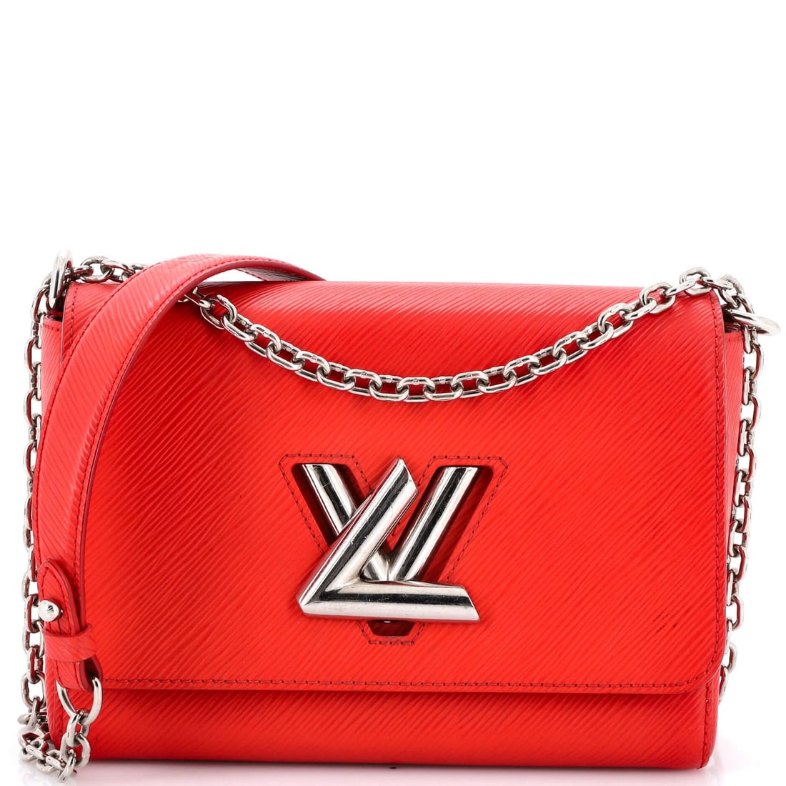 Louis Vuitton Twist Handbag Epi Leather MM: Louis Vuitton Twist Handbag Epi Leather MM Red Louis Vuitton Twist Handbag Epi Leather MM features scuffs, stains, cracking, edge wear, corner wear, and minor creases on its exterior. The interior