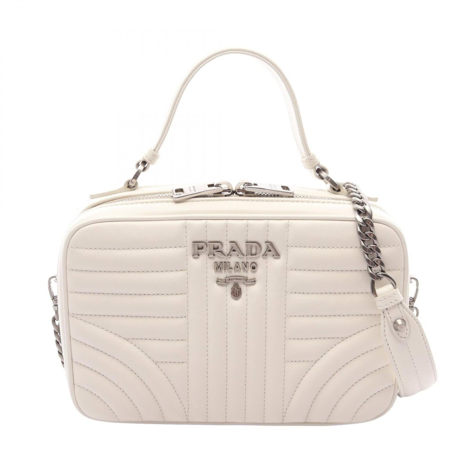Handbag leather by Prada: Handbag leather by Prada White Prada leather handbag with dimensions 14cm x 21cm x 6.5cm, offering a compact and stylish accessory for everyday use. This high-quality leather bag features a classic