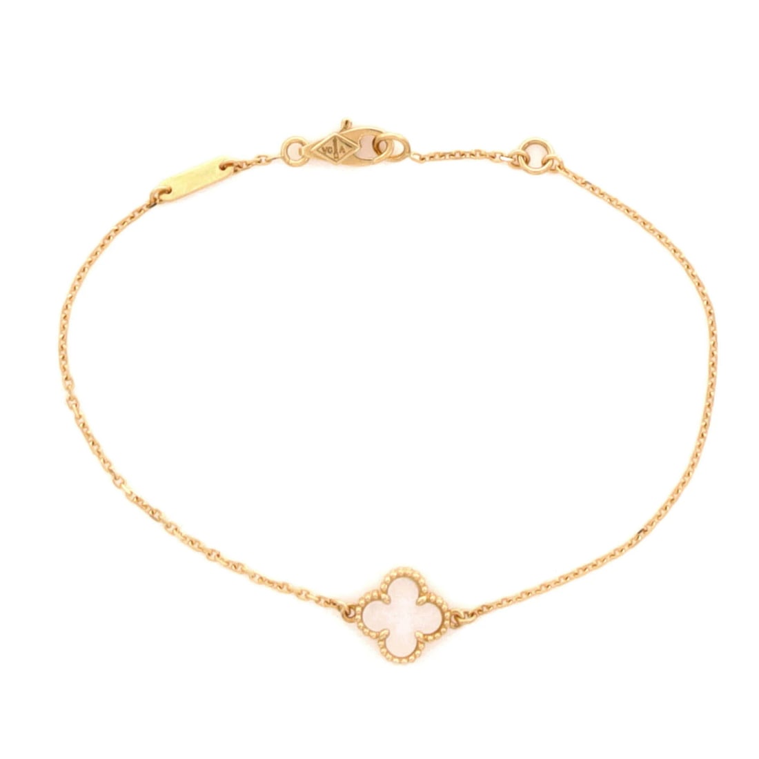 Sweet Alhambra 18K Yellow Gold Mother of Pearl by Van Cleef & Arpels: Sweet Alhambra 18K Yellow Gold Mother of Pearl by Van Cleef & Arpels 18K Yellow Gold Mother of Pearl Sweet Alhambra Bracelet by Van Cleef & Arpels boasts elegant 18K yellow gold and mother of pearl