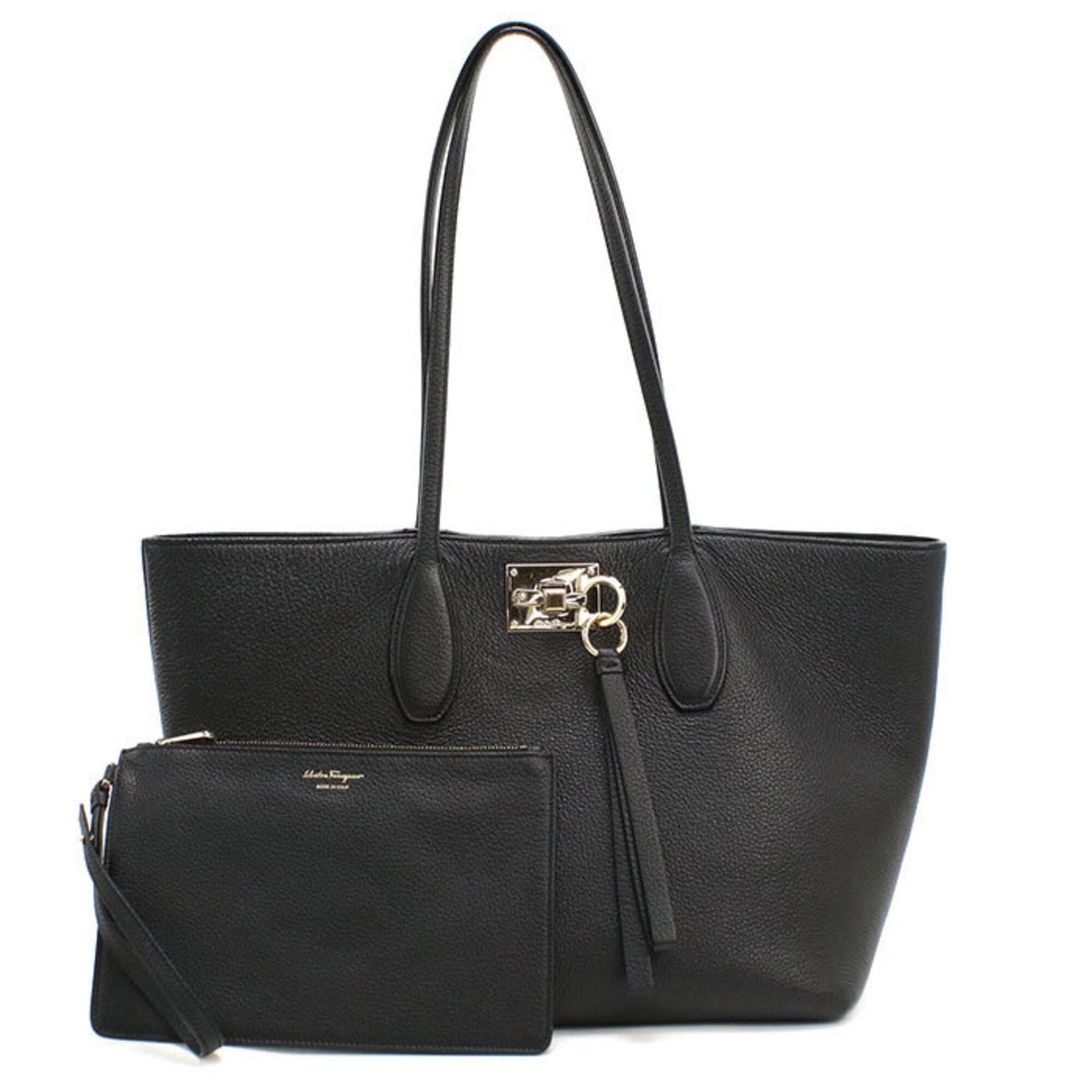 Salvatore Ferragamo Leather Pouch Tote Bag: Salvatore Ferragamo Leather Pouch Tote Bag The Salvatore Ferragamo Leather Pouch Tote Bag features high-quality calfskin leather and gold hardware, showcasing the brand's signature style. Measuring
