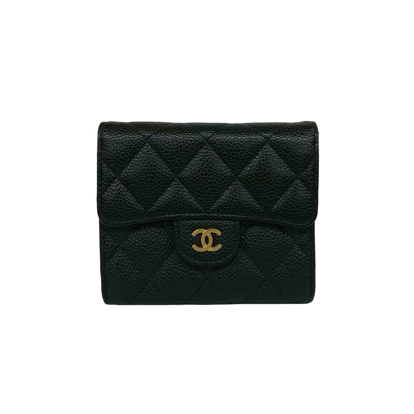Calfskin wallet tri-fold grained by Chanel: Calfskin wallet tri-fold grained by Chanel Grained by Chanel, this tri-fold wallet boasts sleek black calfskin with precise dimensions, measuring 10cm x 11.5cm x 2.5cm. The classic design and high-qua