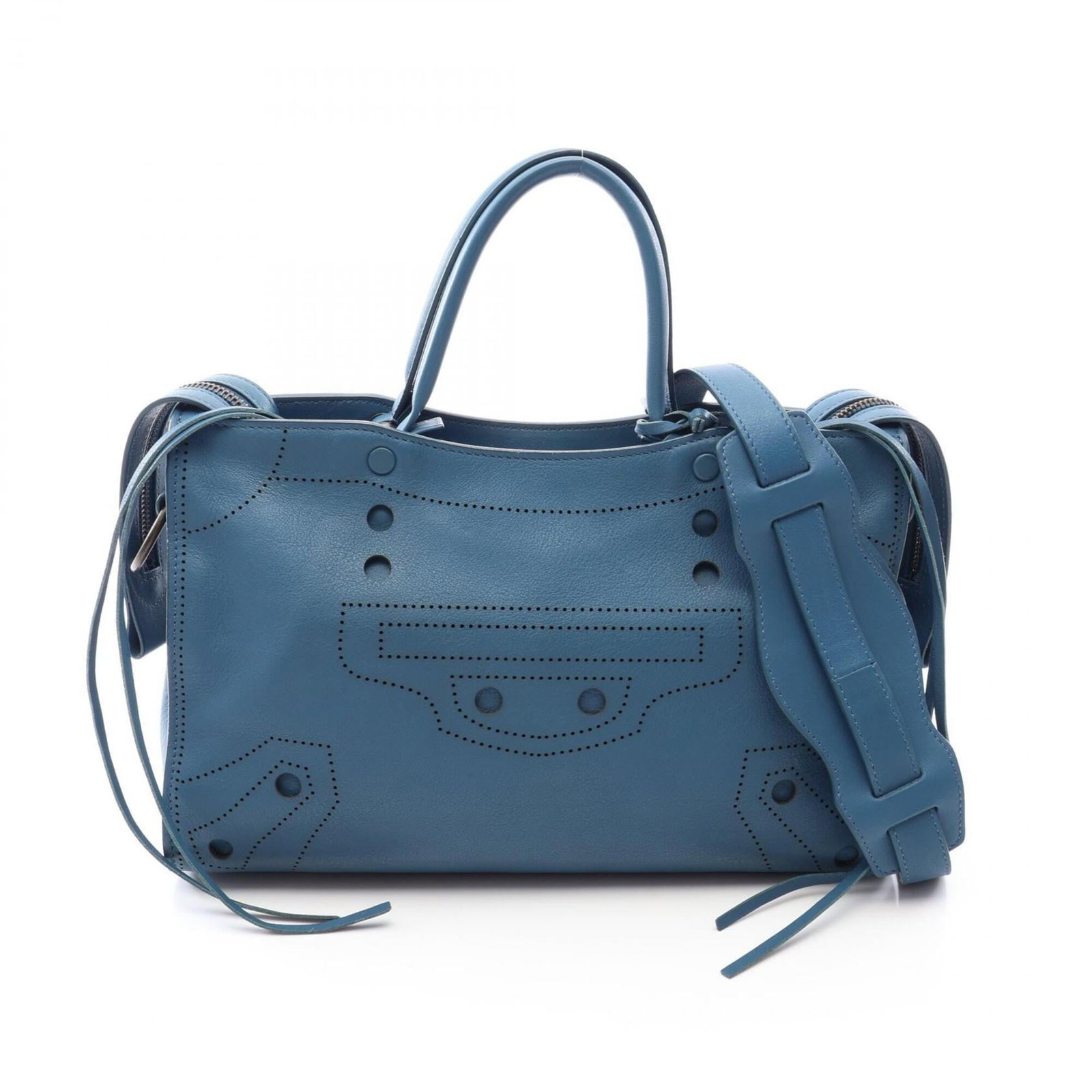 Balenciaga Handbag Leather: Balenciaga Handbag Leather Blue Balenciaga Handbag Leather. Made from high-quality leather, this handbag measures 19cm x 30cm x 10.5cm and features a distinctive blue color. The bag's size and materia