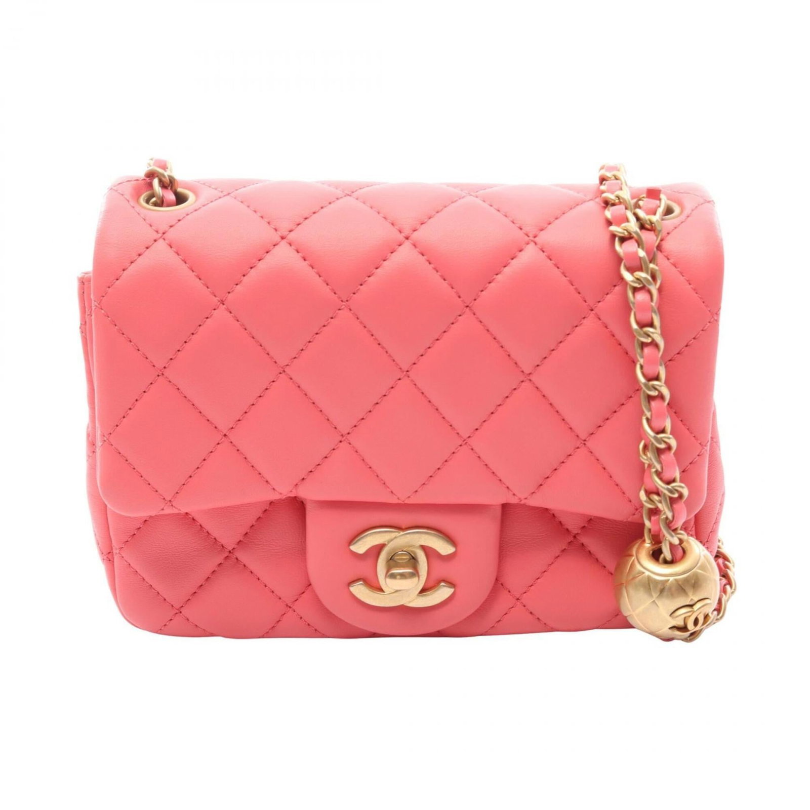 Chanel Handbag Shoulder Bag Leather: Chanel Handbag Shoulder Bag Leather This pink lambskin Chanel shoulder bag features gold hardware, showcasing the iconic Matelasse design. Made from high-quality leather, its compact size makes it a s