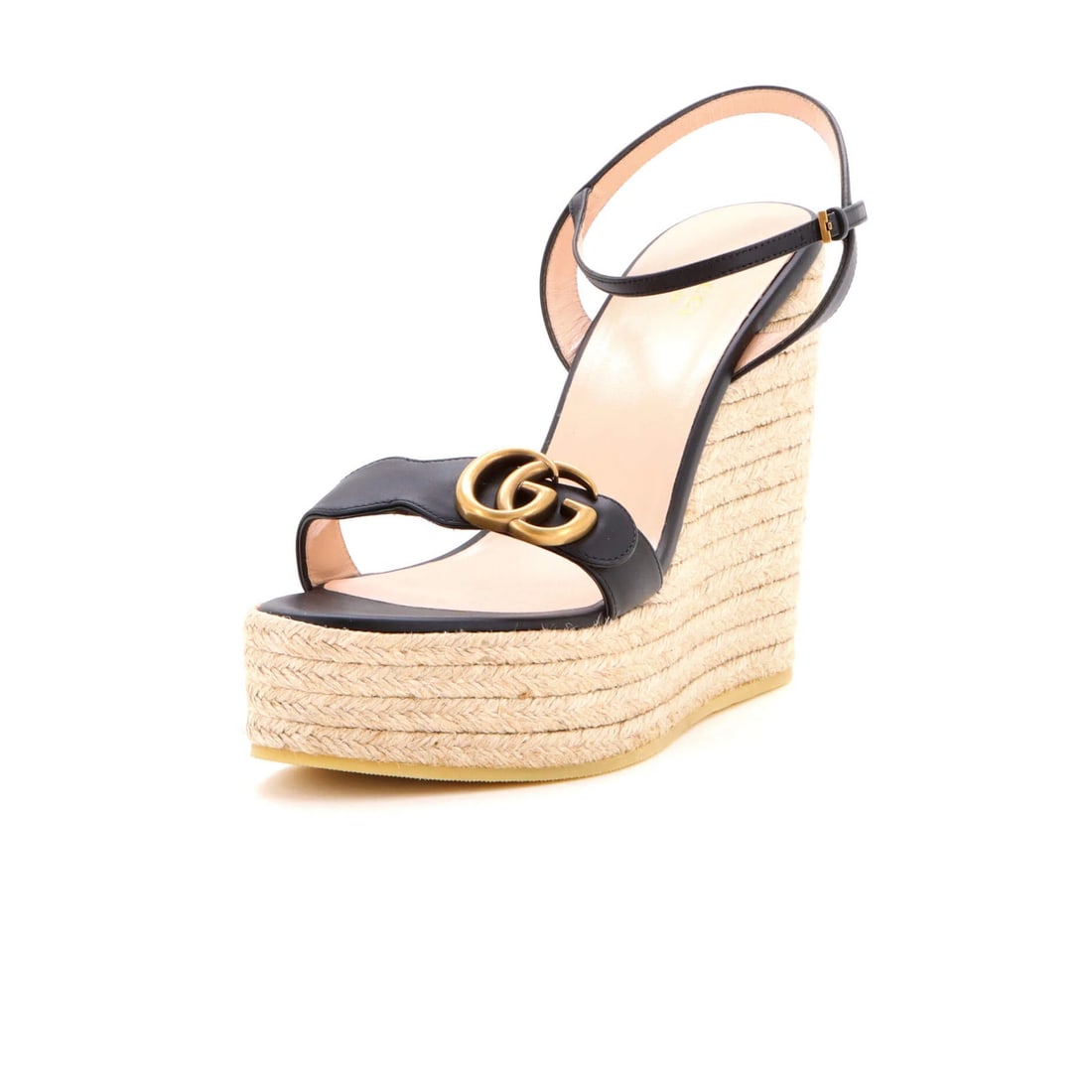 Women's Leather Wedge Espadrille Sandals With GG Marmont: Women's Leather Wedge Espadrille Sandals With GG Marmont Women's GG Marmont Wedge Espadrille Sandals in black leather with aged gold hardware, featuring a neutral interior and light creases throughout